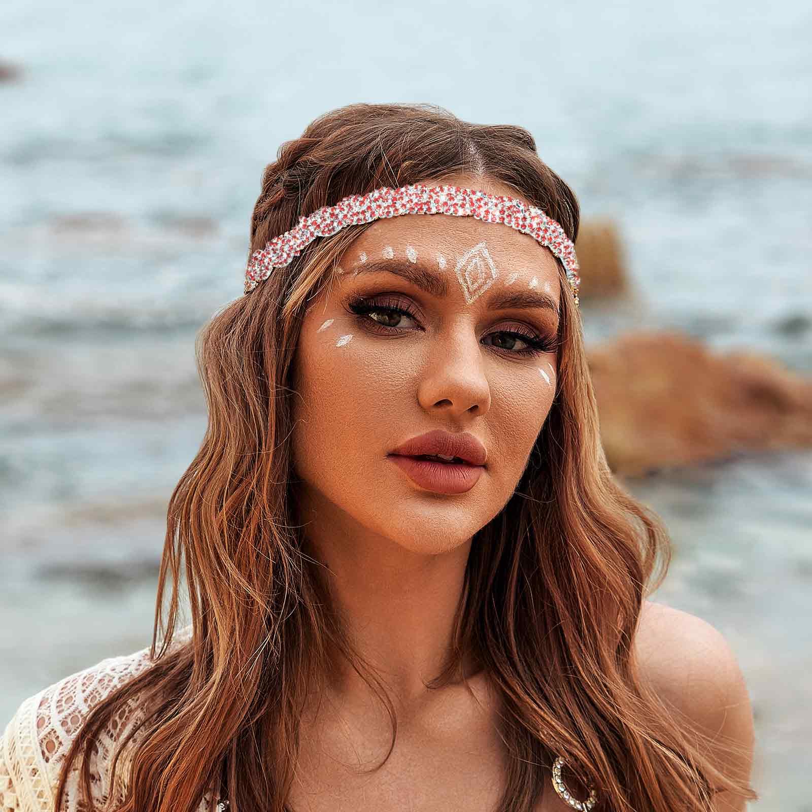 Women's Rhinestone Headbands Sparkly Elestic Hairband Vintage Metal Headbands Sparkly Elegant Party Daily Head Chain (Red, M) - Image 2