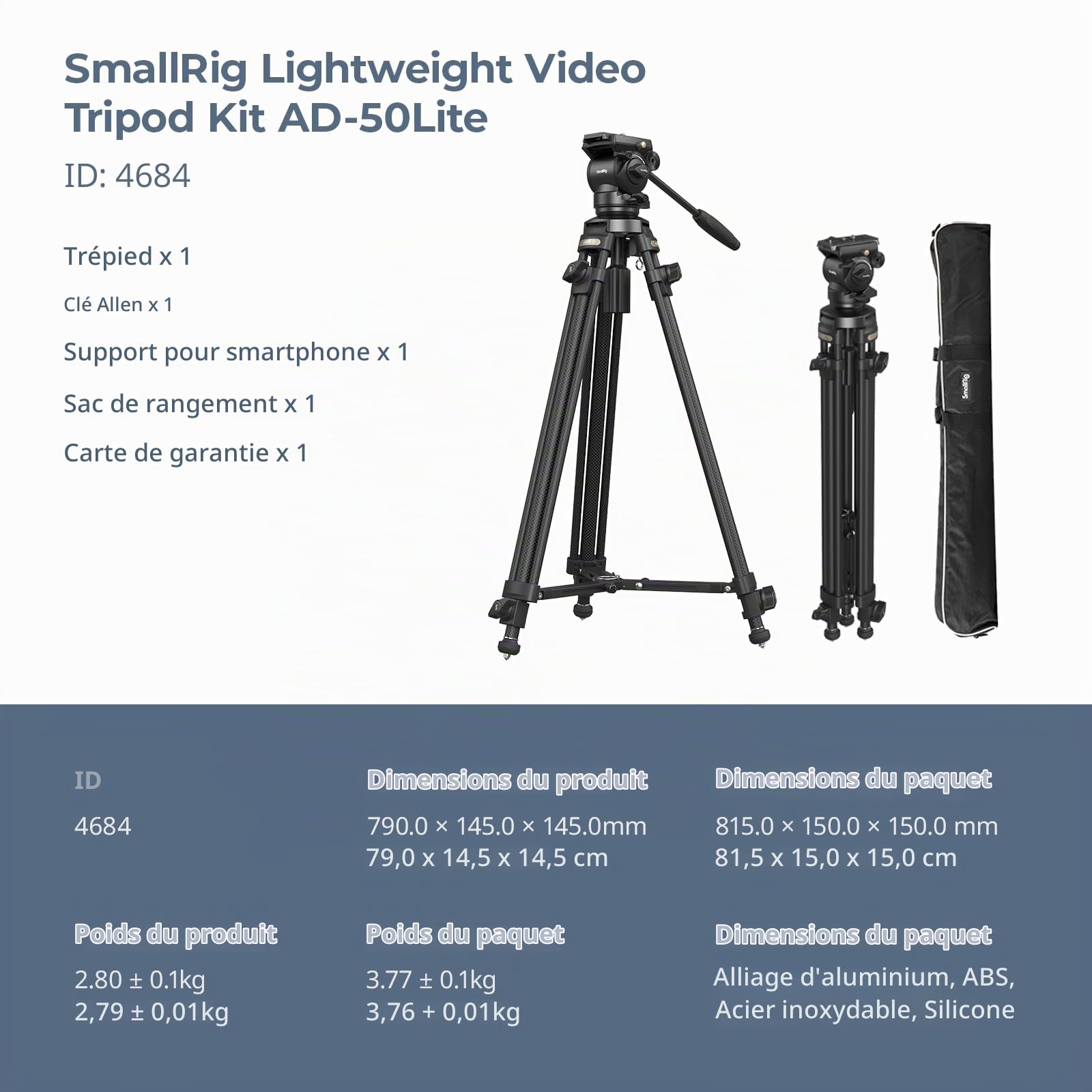 SMALLRIG Trépied Vidéo Léger avec Tête Fluide à 360°, 158cm Camera Tripod en Alliage d'Aluminium avec Plaque QR, Cordon de Serrage à Action Rapide Monté au Centre, Charge Jusqu'à 5kg, AD-50Lite - 4684