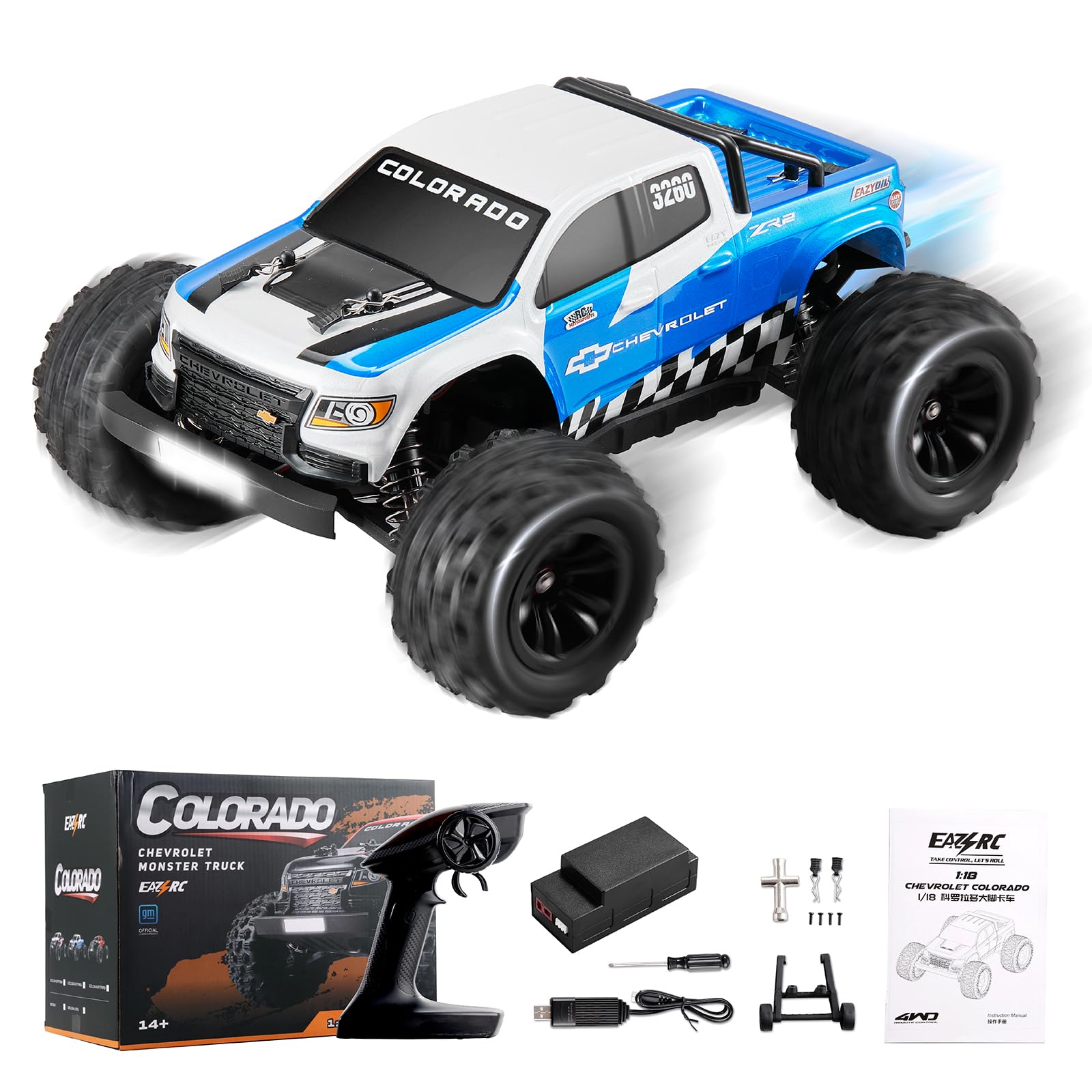 FCXㅤ Brushless RC Truck, Super Fast RC Cars, 1/18 Chevrolet Colorado Hobby RC Trucks, 45km/h High Speed Remote Control Car with 2S Battery Rechargeable(42mph with 3S) for Adults, Blue