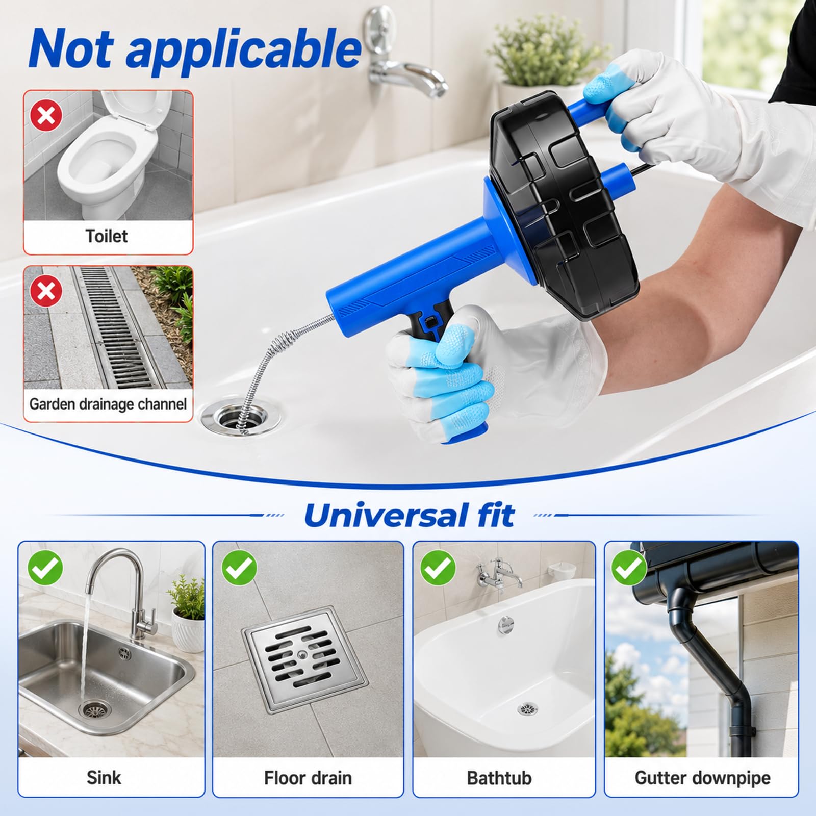 Espiral de limpieza de tuberías de 14 m con accesorio de perforación, espiral de desagüe, limpiador de tuberías para cocina y baño, muelle electrochapado resistente, limpiador de desagües