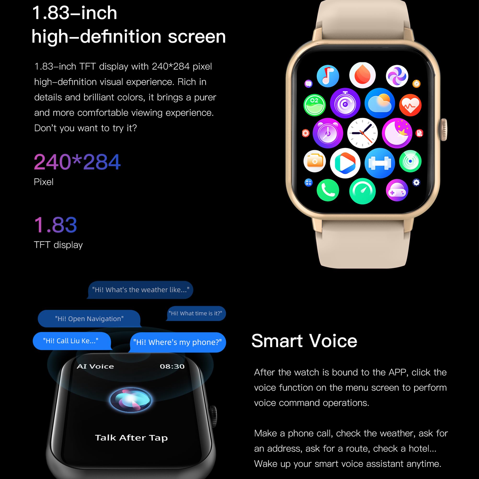 Smartwatch Damen mit Telefonfunktion, 1,83" Touchscreen IP68 Wasserdicht, 123 Sportmodi Aktivitätstracker, Herzfrequenz, Fitnessuhr für iOS Android (Gold)