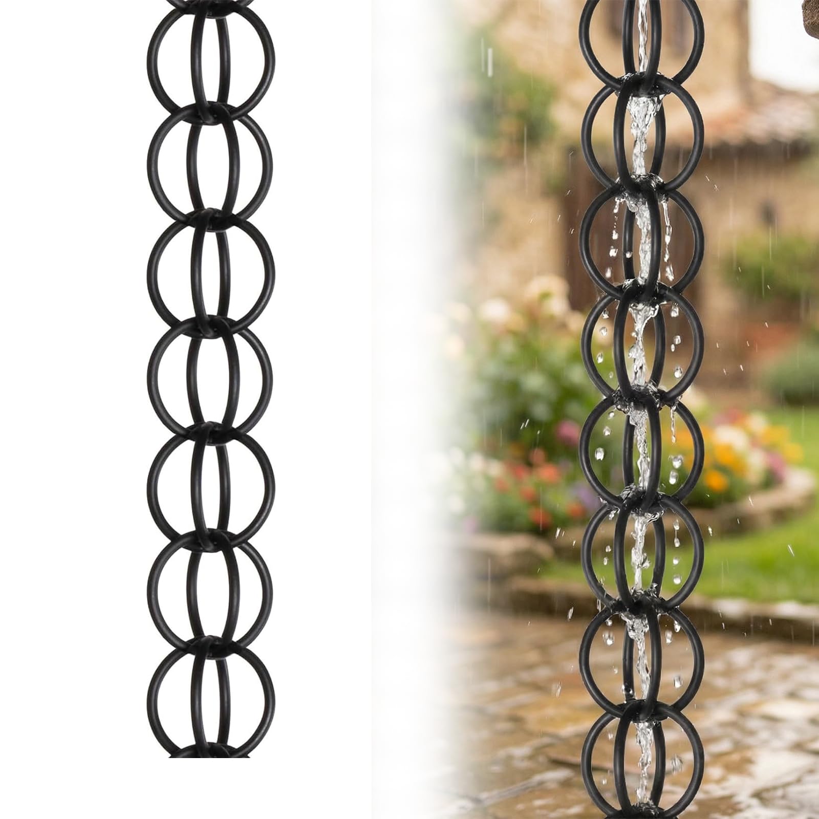 Poxvythb Decorative Rain Chains, Water Feature with Rain Chain Mill Finish Aluminum Gutter Adapter Downspout Catcher, for Eaves Drainage, Outdoor Decor Black(10ft)