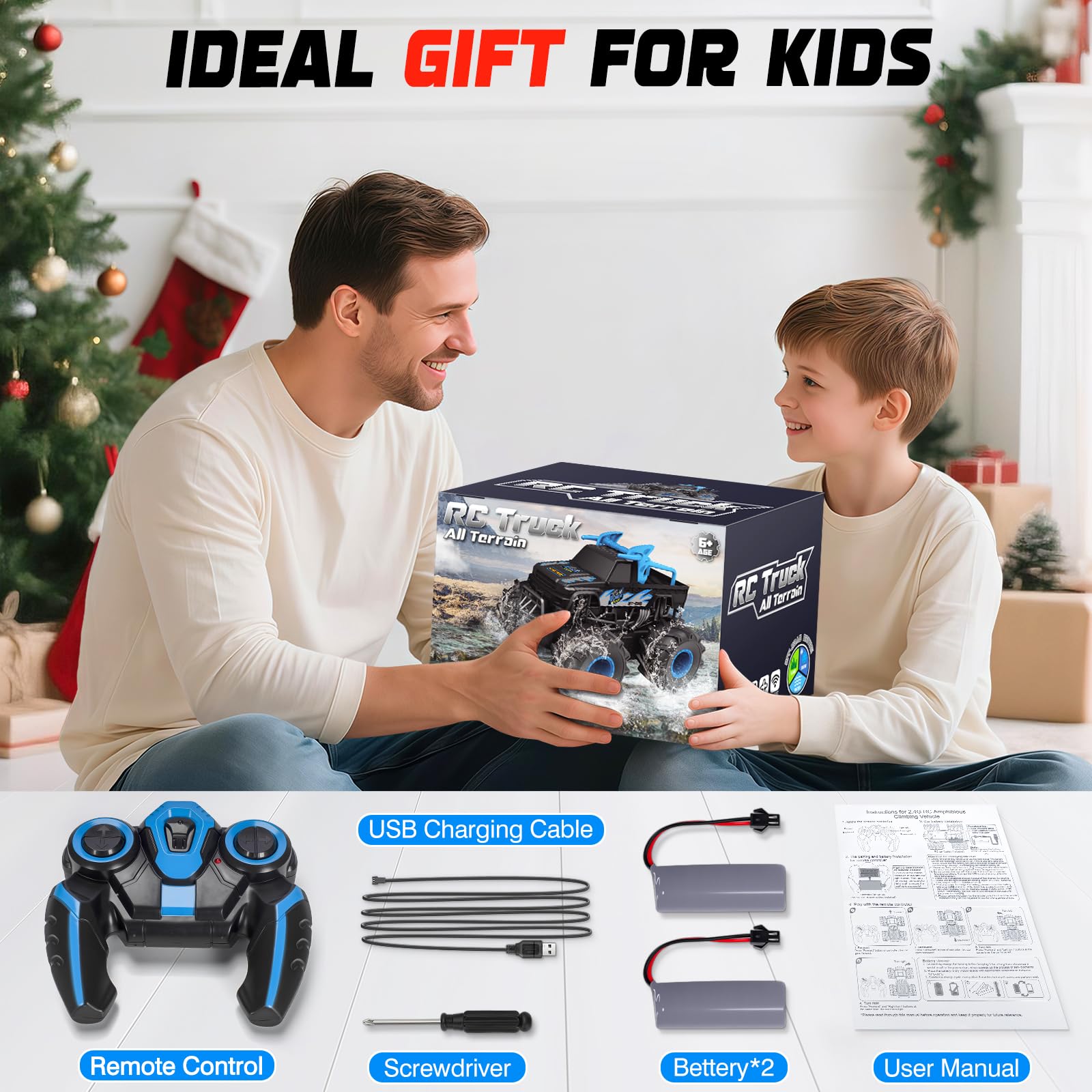 BainGesk Waterproof Remote Control Monster Truck Toys, 1:16 RC Car, 2.4GHz 4WD All Terrain Car Toys with 2 Rechargeable Batteries, Off-Road Truck Gifts for 6, 7, 8, 9, 10, 11, 12 Year Old Boys