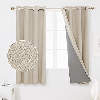 Deconovo Full Blackout Curtains with Coating Back Layer, Thermal Insulated Energy Efficiency Eyelet Curtains for Bedroom 52 x 54 Inch Light Linen 1 Pair
