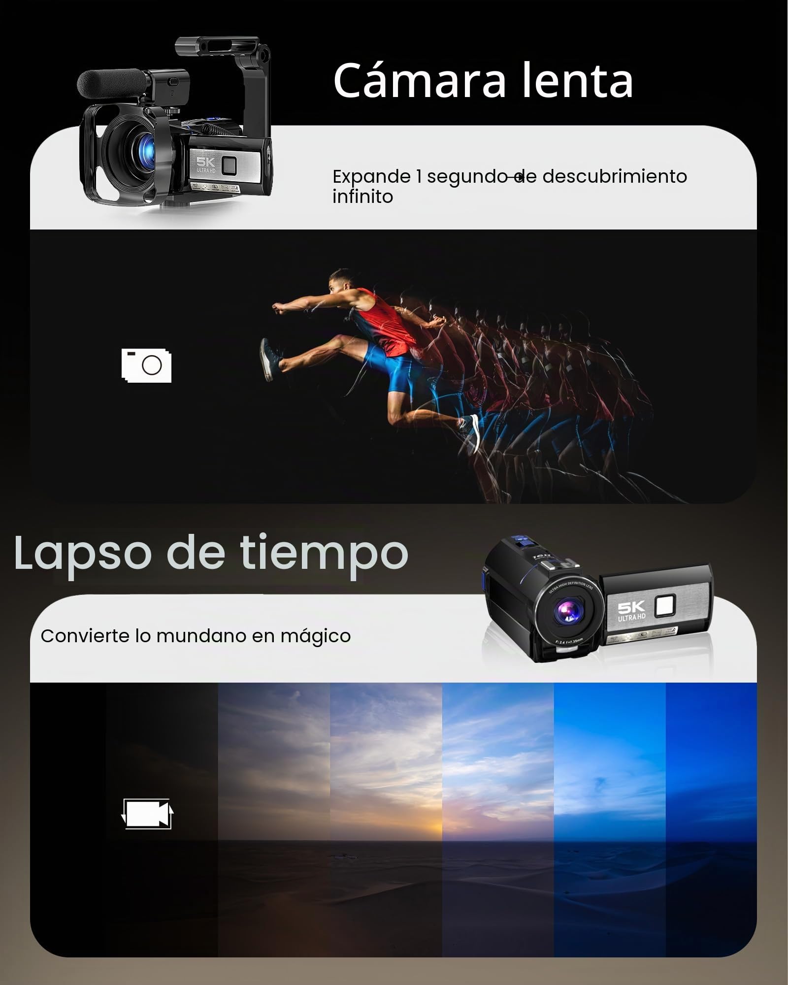 Videocámara 5K, cámara UHD de 64 MP para YouTube con pantalla táctil giratoria de 3 pulgadas y 270°, cámara digital con visión nocturna IR, zoom de 16x, WiFi, cámara web, HD