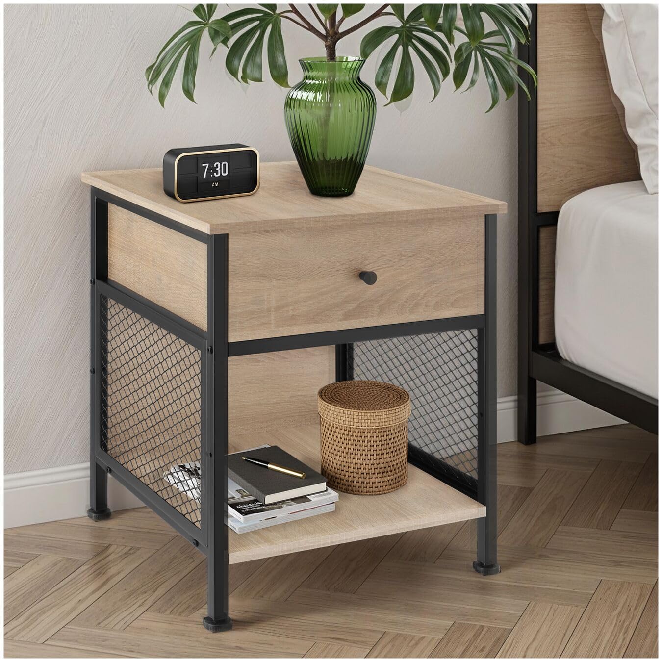 tectake® Comodino Camera da Letto 45x46x55,5cm, 2 Ripiani, 1 Cassetto