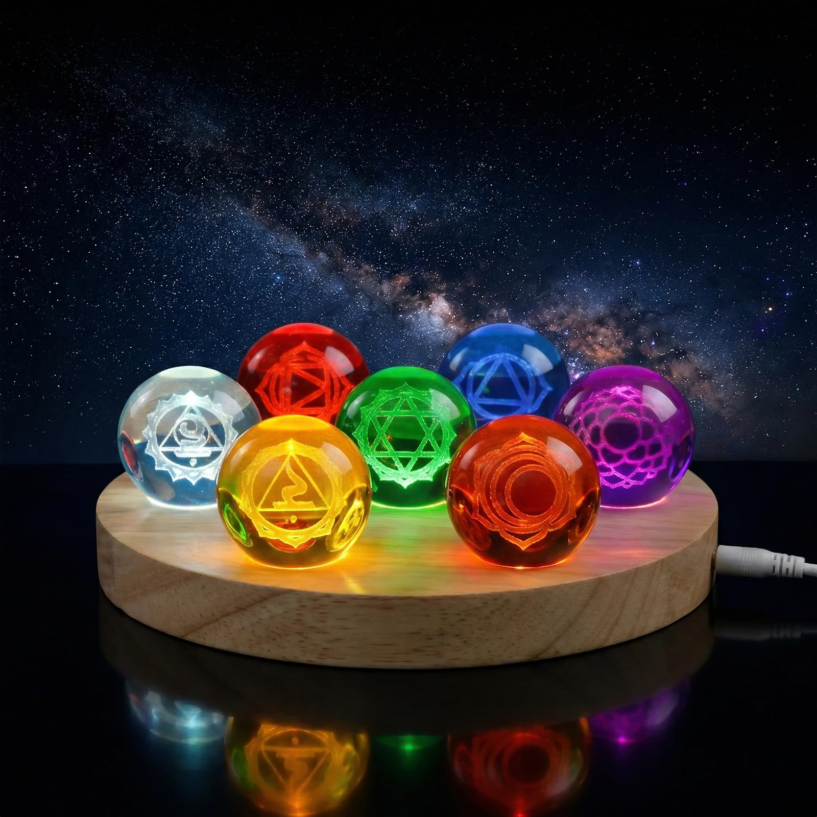 Hivexagon Bola de cristal de 7 chakras de 40 mm con base de madera. Incluye regulador de intensidad y temporizador para meditación. decorativa. Regalo (Round)