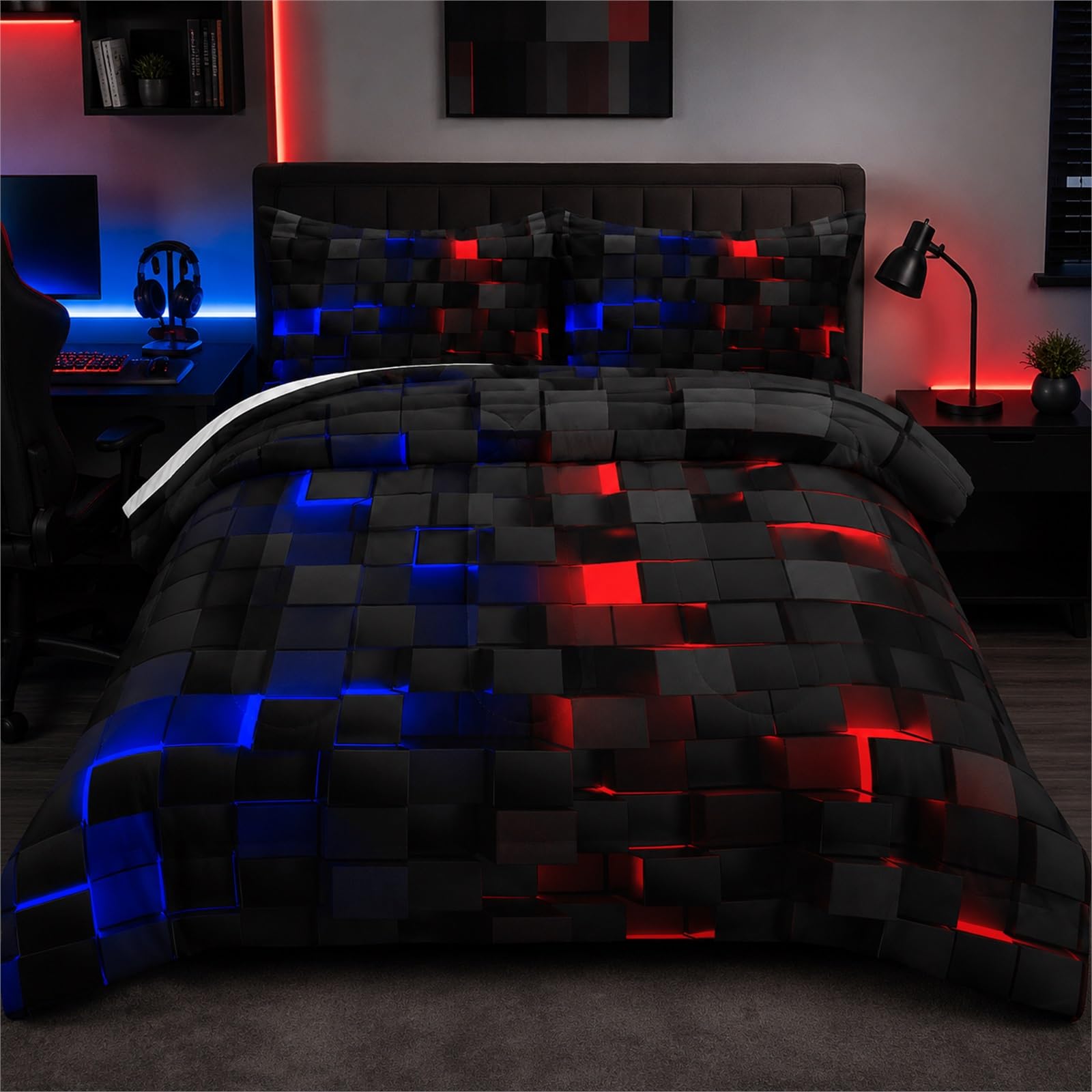 Tabeskly Boys Kids Geometric Square Bedding Geometry Lattice Double Duvet Cover Sets with Zipper Black Neon Red 200x200 CM — image 1