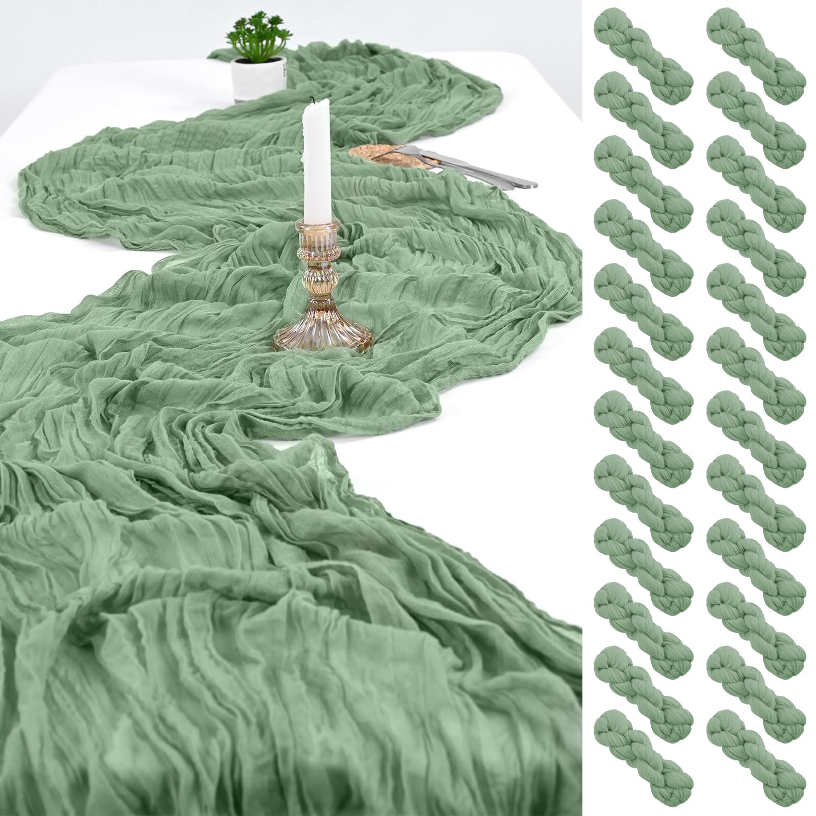 Gtiametor 24 Pack Sage Green Cheesecloth Table Runner,10FT Boho Gauze Table Runner,35x120inch Rustic Table Runners for Wedding Party Bridal Shower