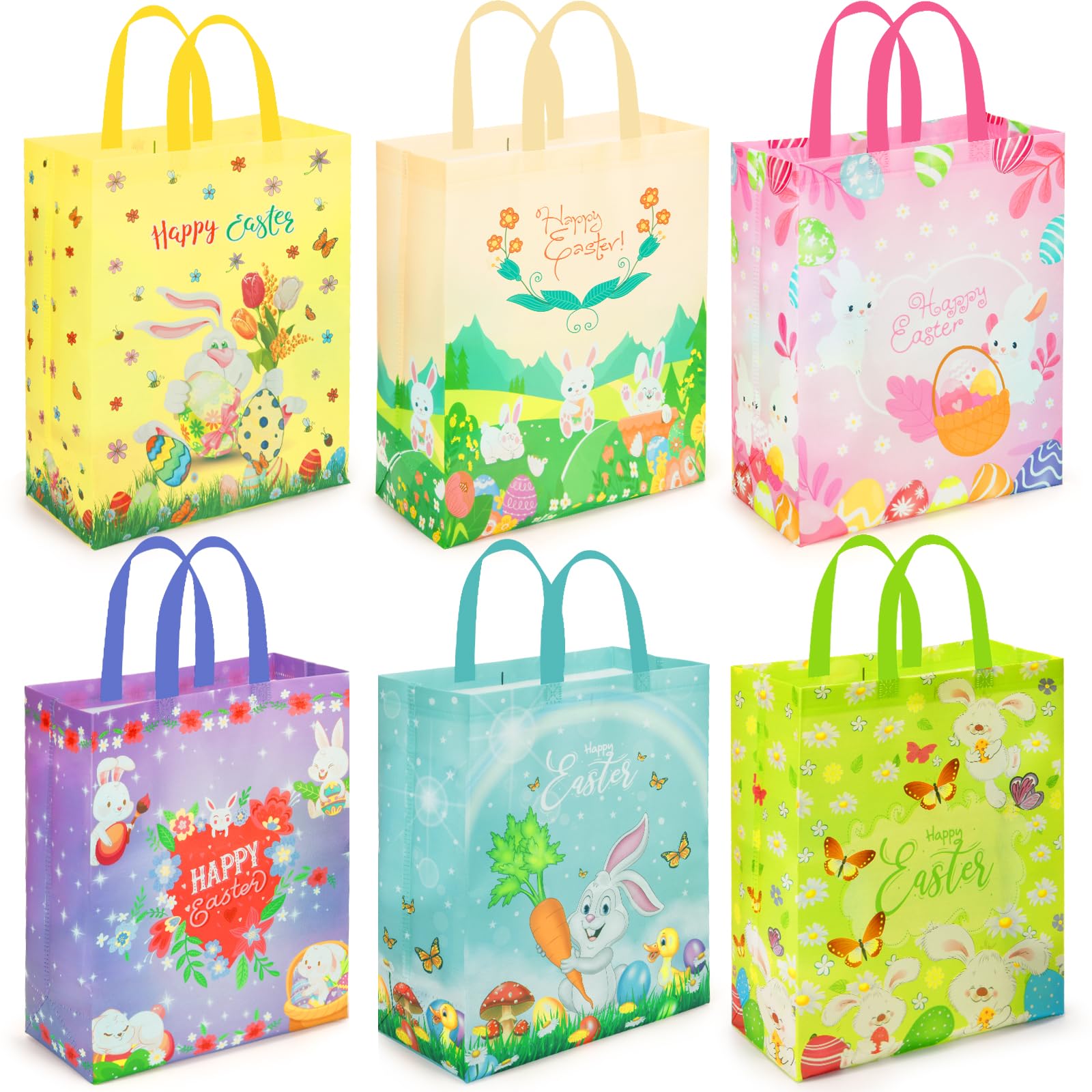 AhfuLife 6 Stück Groβe Ostern Geschenktüten, 38 x 30 x 15cm, Wiederverwendbare 6 Designs Ostertüten mit Hasen Ostereiern, Ostern Geschenktüte für Kinder Geschenk Eiersuche Oster Dekoration