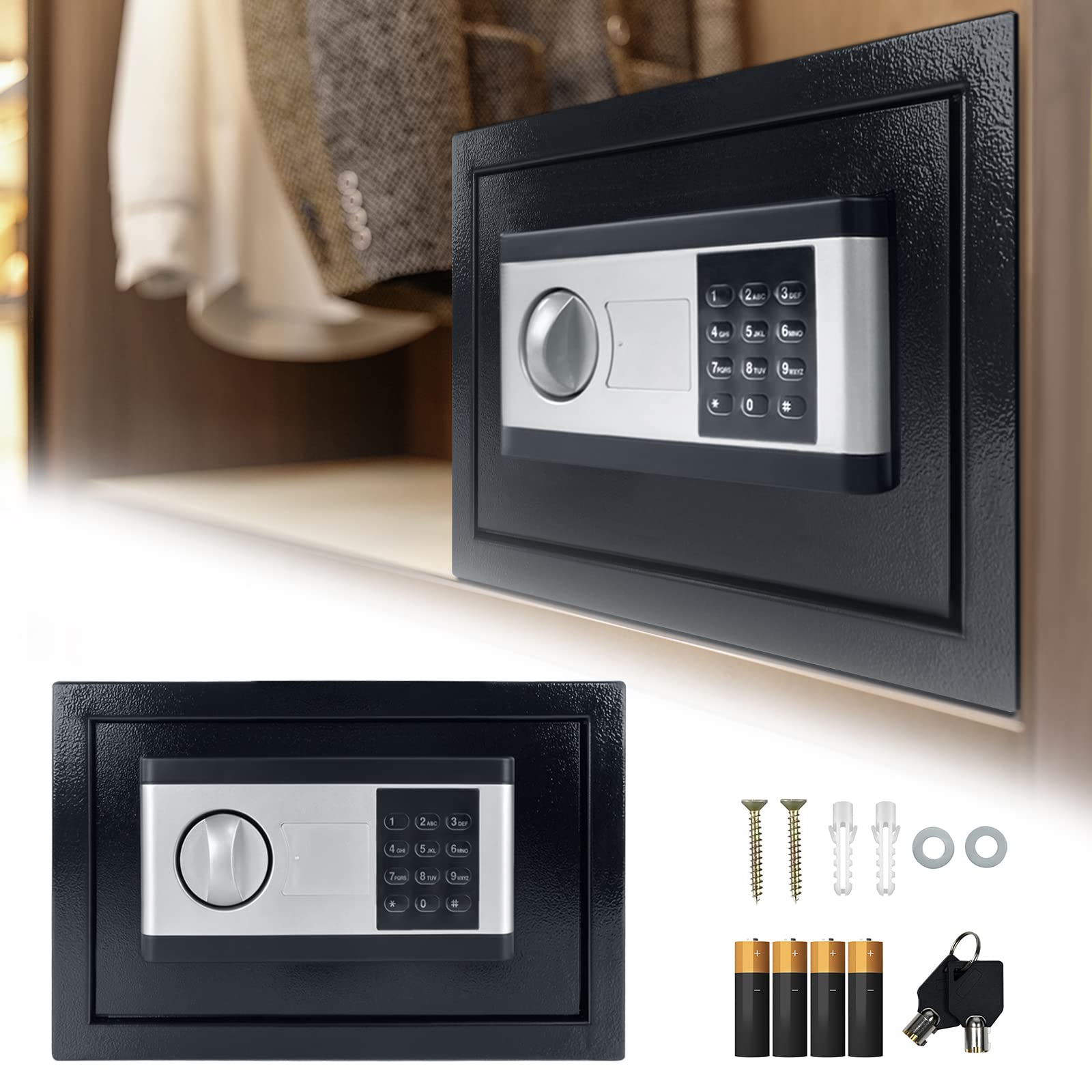 XMTECH Sejf elektroniczny sejf meblowy, sejf ścienny, ze stali, cyfrowy kod PIN z 2 kluczami, elektroniczny sejf ze stali, podwójny sejf ze stali, 22 l (35 x 25 x 25 cm)