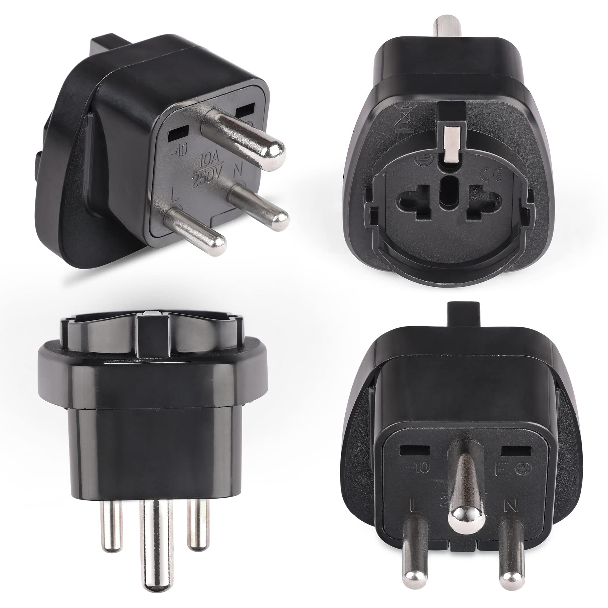 OREI European (Schuko) to India Plug Adapter - Convert European Type E/F Input to India Type D Three Prong Output Connection - Heavy Duty - Black Color (4 Pack)-image-5