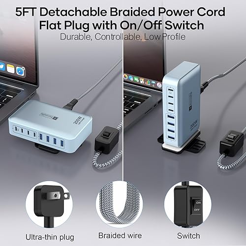 Miniatura 2 de Estaciones de carga múltiple de 8 puertos de 200 W con enchufe plano, cable de alimentación trenzado e interruptor de encendidoapagado, concentrador