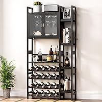 Cozivolife Freestanding 4-Tier Wine Rack Floor Cabinet with Glass Door, Holds 20 Bottles & 12+ Glasses, Bamboo Black Organizer