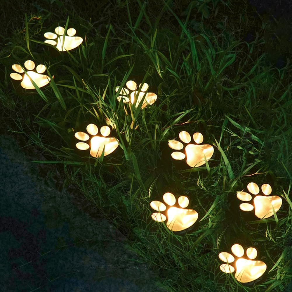 JOAASU Solar Paw Print Lights, 8 Pack Solar Powered Paw Print Lights Outdoor, Warm White LED Stake Lights Waterproof Pathway Light for Lawn, Patio, Walkway & Pet Lover Decor