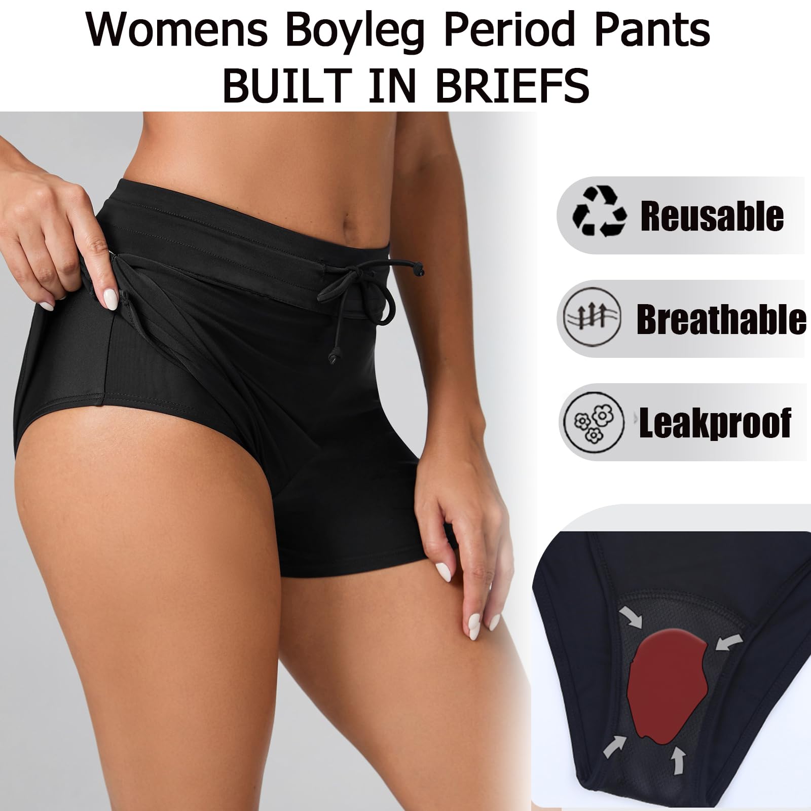 Maillot de bain menstruel pour femme, taille haute 4 plis, étanche, slip intégré et cordon de serrage, short de bain menstruel pour filles et adolescentes