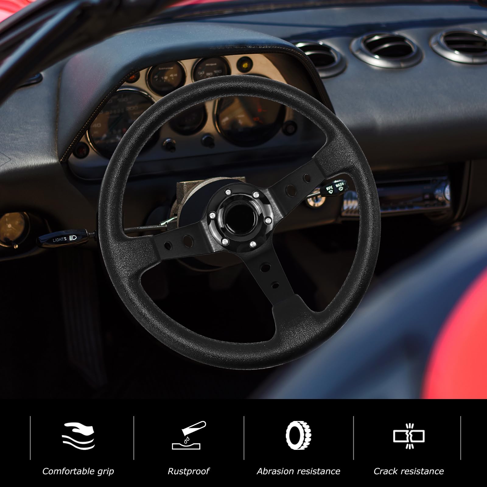 Volant de course universel, volant de drift, 350 mm/14 pouces avec bouton de klaxon, revêtement en vinyle similicuir à 6 vis pour course/rallye/sport automobile/simulation de conduite en