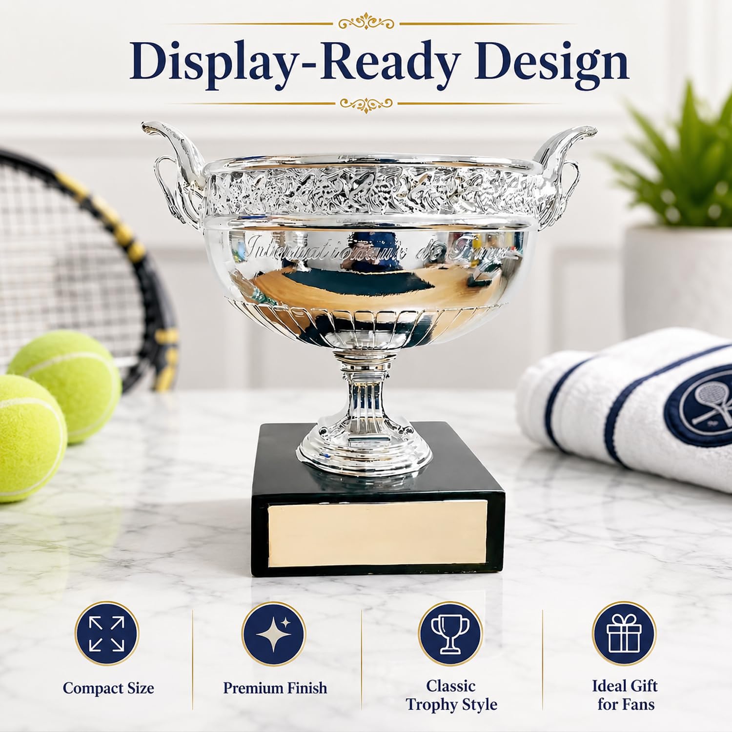 French Open Herren Trophäe Replik, Tennis Champion Pokal 6,3 in / 14,2 in aus Silbernem Harz, Sport Memorabilia Sammlerstück für Schreibtisch Regal Display, Geschenk für Fans,16cm