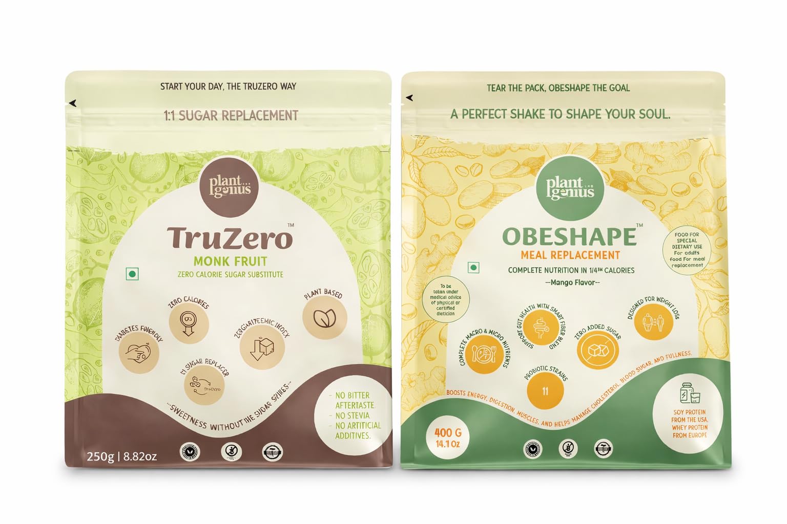 healthy diet combo - obeshape meal replacement (mango flavor, 400g) + truzero monk fruit sweetener (250g) | weight management & zero calorie sugar substitute | plant-based nutrition