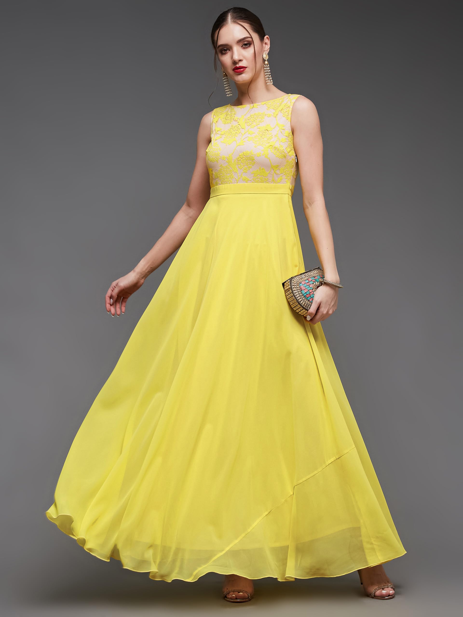 Miss Chase Women's Round Neck Sleeveless Georgette Floral Lace Fit & Flare Maxi Dress Light Yellow