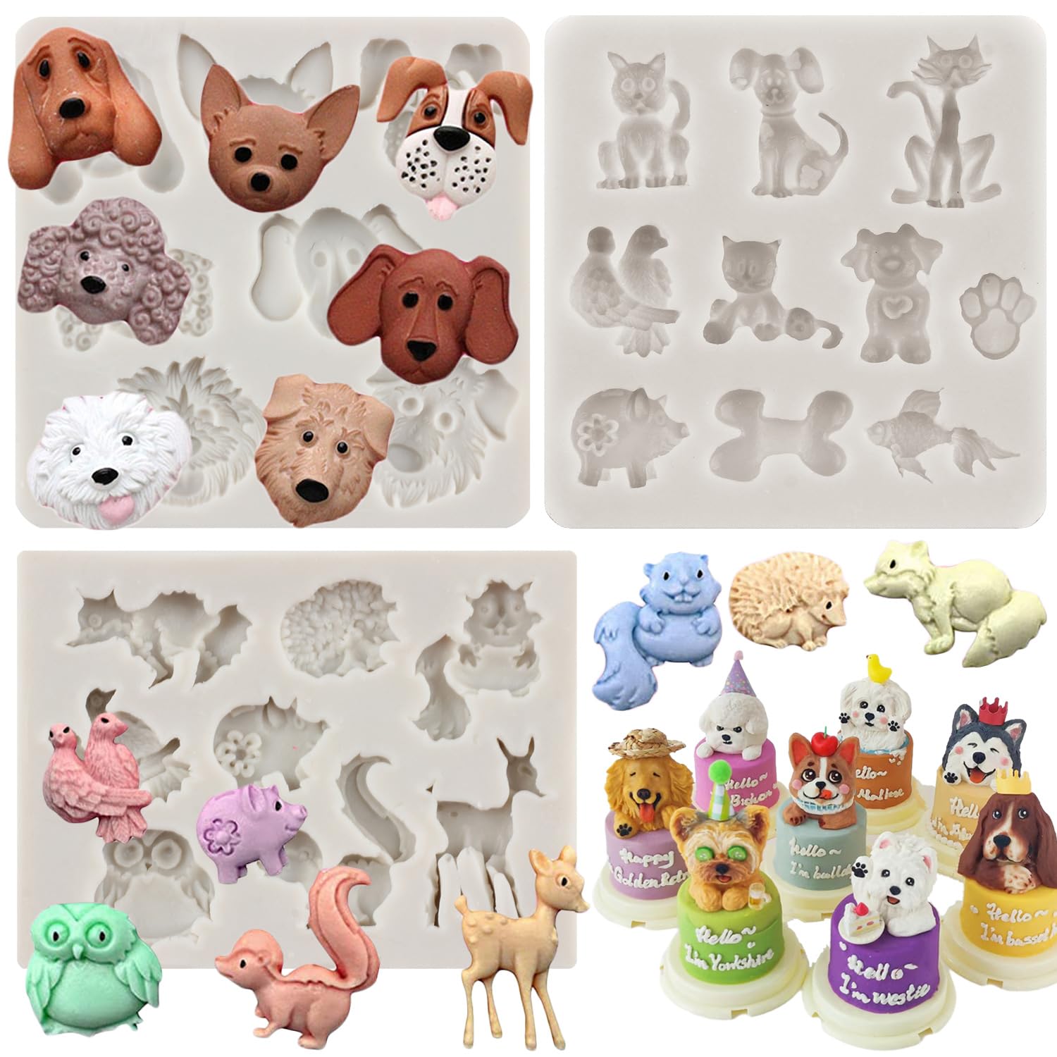MYPRACS Forest Animal Silicone Mould Cat Dog Squirrel Hedgehog Owl Bird Fondant Moulds for Cake Decorating Cupcake Topper Candy Chocolate Gum Paste Polymer Clay Set of 3