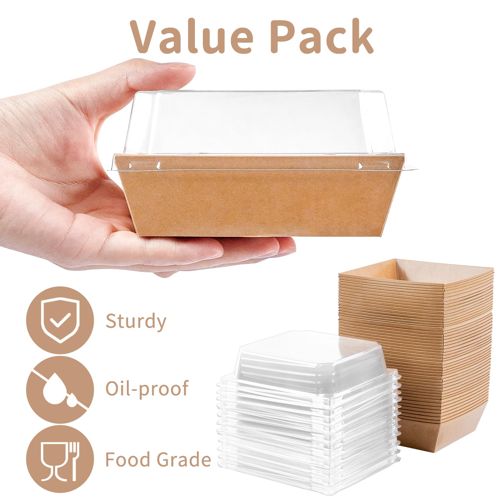 Paquete de 100 cajas de papel para charcutería con tapas transparentes, cajas de galletas marrones de 4 pulgadas, cajas de postre, recipientes desechables a prueba de aceite para sándwich, rebanadas