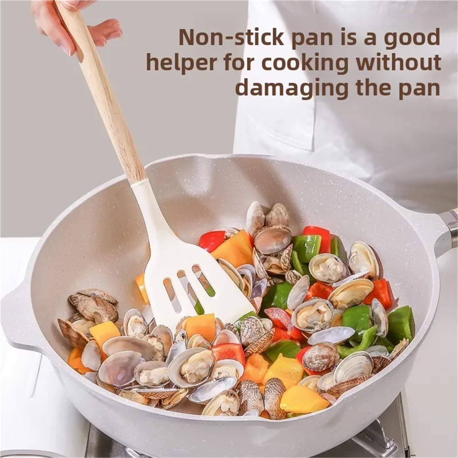 Manico in legno da 8 pezzi, padella antiaderente bianca, spatola in silicone, resistente alle alte temperature, cucchiaio zuppa, set di utensili cucina Per Cucinare