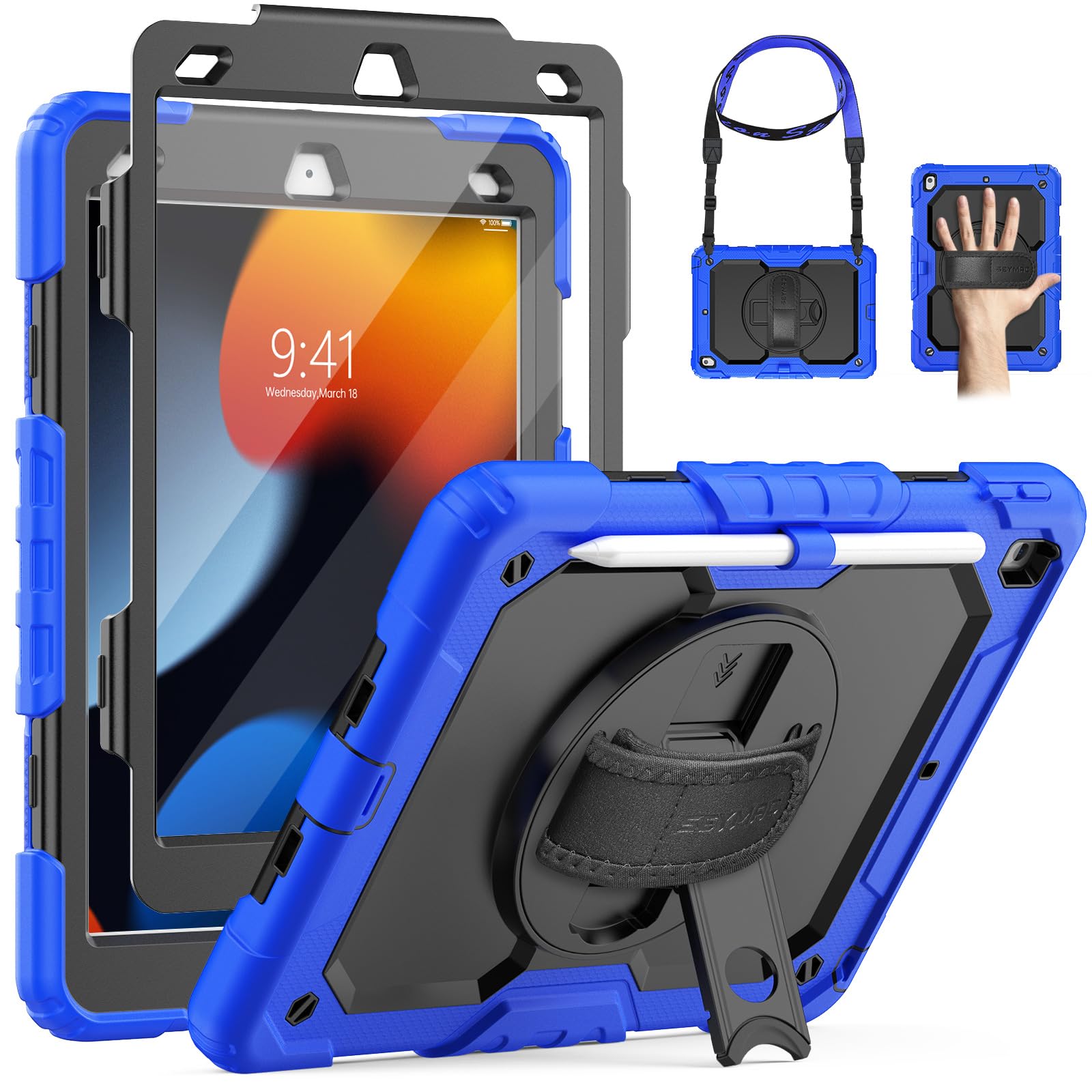 SEYMAC Case for iPad 9th/8th/7th Generation 2021/2020/2019 inch,  Shockproof Case with Screen Protector, 360 Degree Rotating Stand/Hand  Strap, Pen