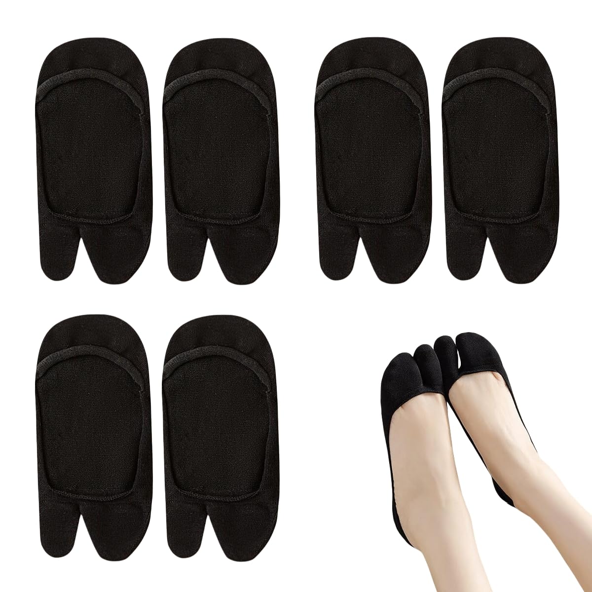 Hybursky Women Tabi No Show Socks 3 Pairs Non Slip Flip Flop Socks Low Cut Ladies Japanese Split Toe Socks(Black)