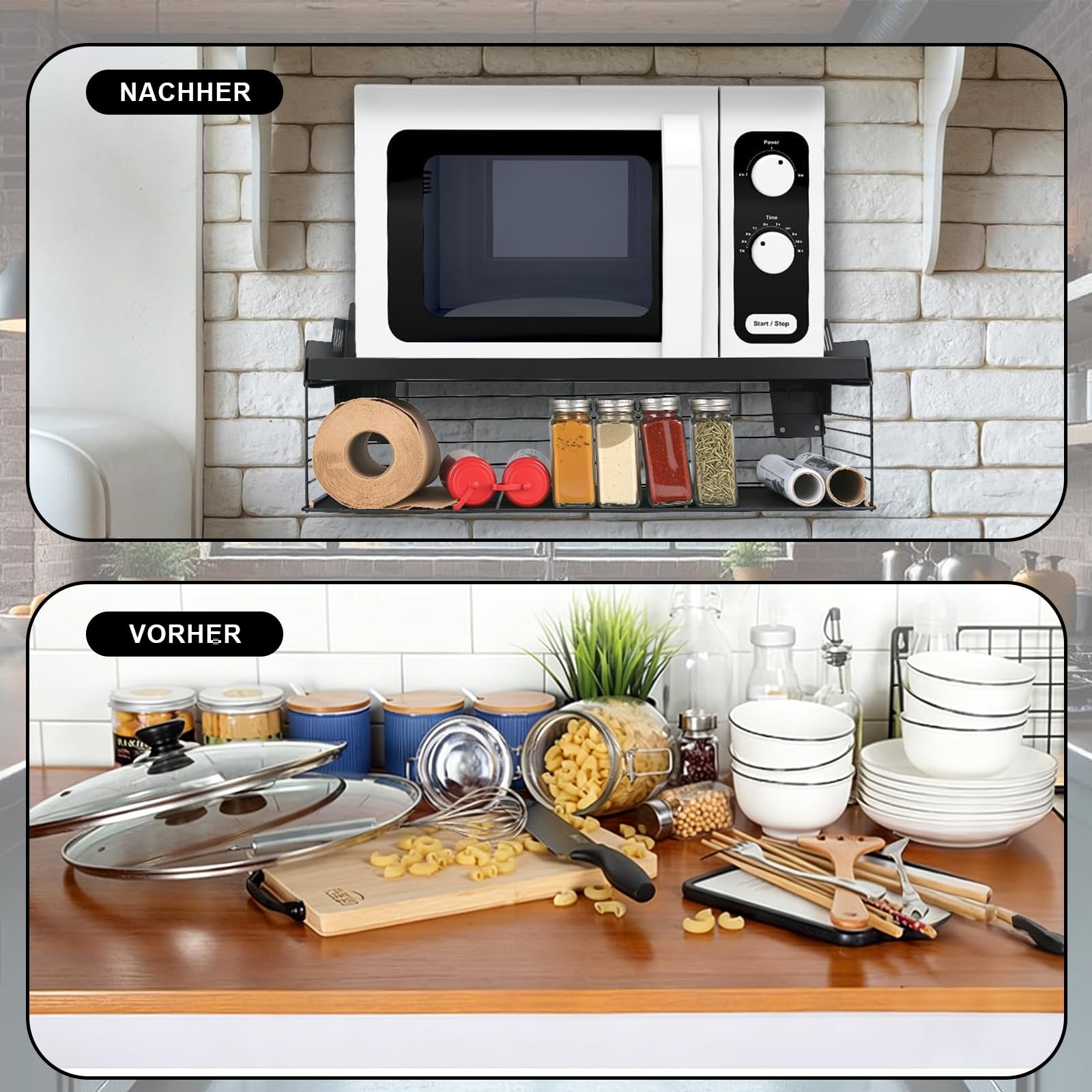 Mikrowellenregal Wand, 2 Ebenen Mikrowellenhalterung aus Metall, | mit Aufbewahrungskorb & 6 Haken, platzsparendes Küchenregal für Mikrowelle, Backofen & Küchenzubehör (56 × 38 × 7 cm)