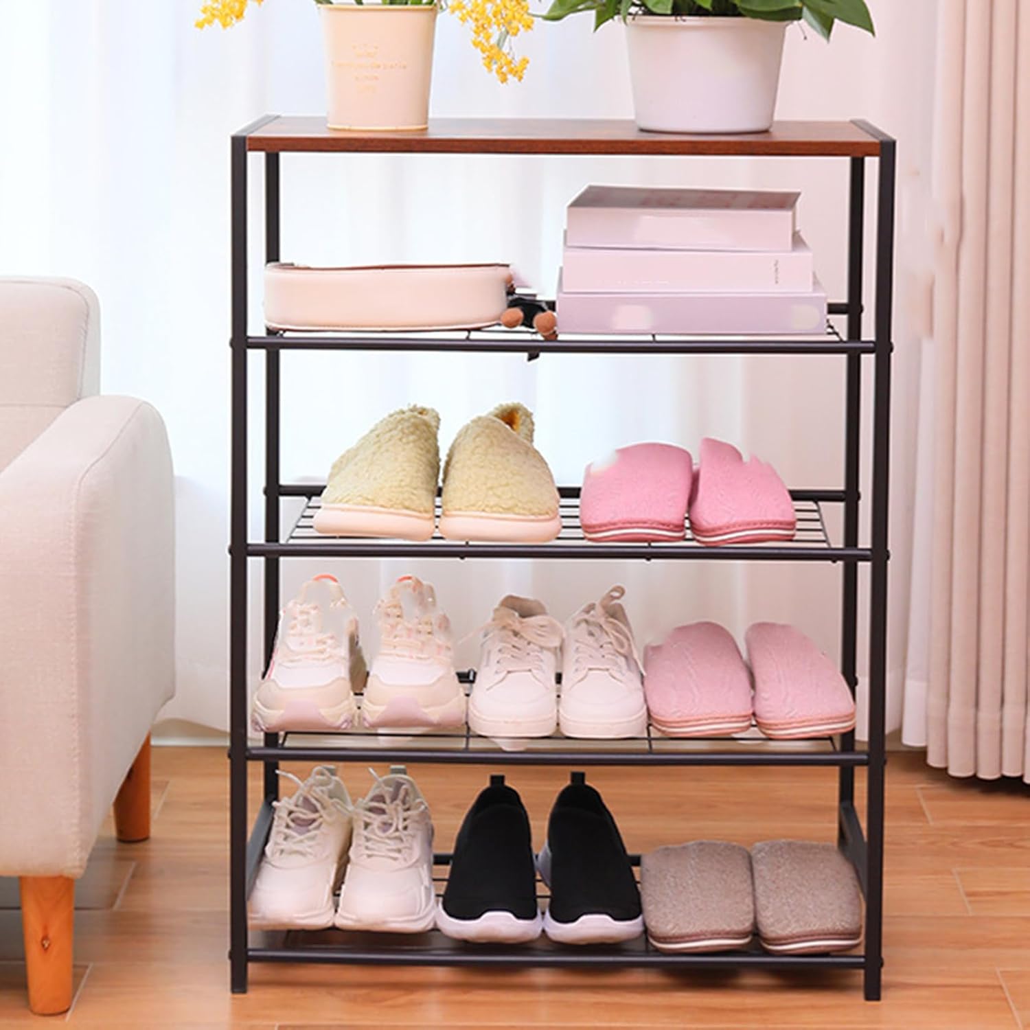 ヴィンテージ風オープンシューズラック 木製天板付き スタイリッシュな