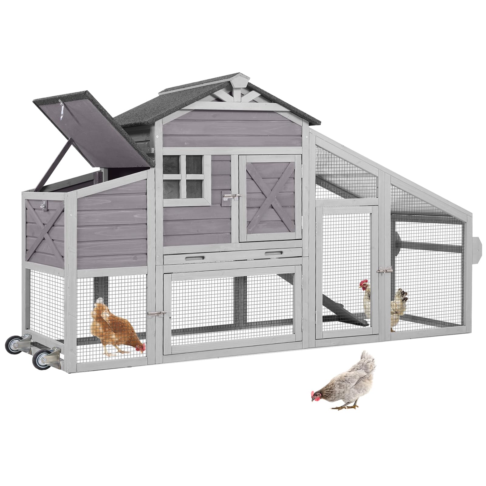 Large Chicken Coop for Outdoor with Nest Box and Removable Tray, Hen House Waterproof for 2-5 Chickens, Outdoor Poultry Cage with Wheels - Grey