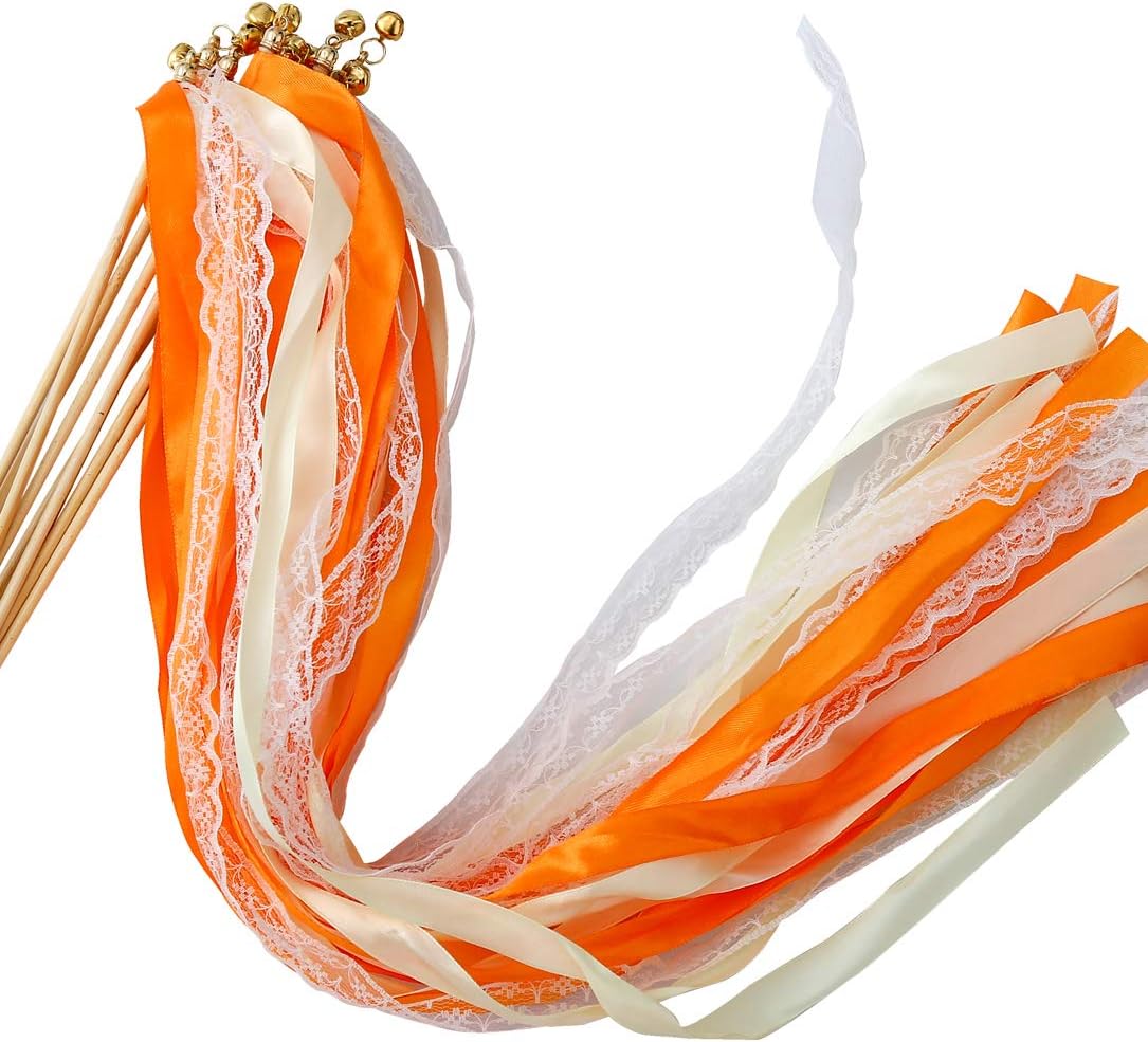 30pcs Lace Ribbon Stick Wands Christmas Birthday Party Streamers Wands Fairy Stick for Wedding Activities (Orange+Lace) image 5