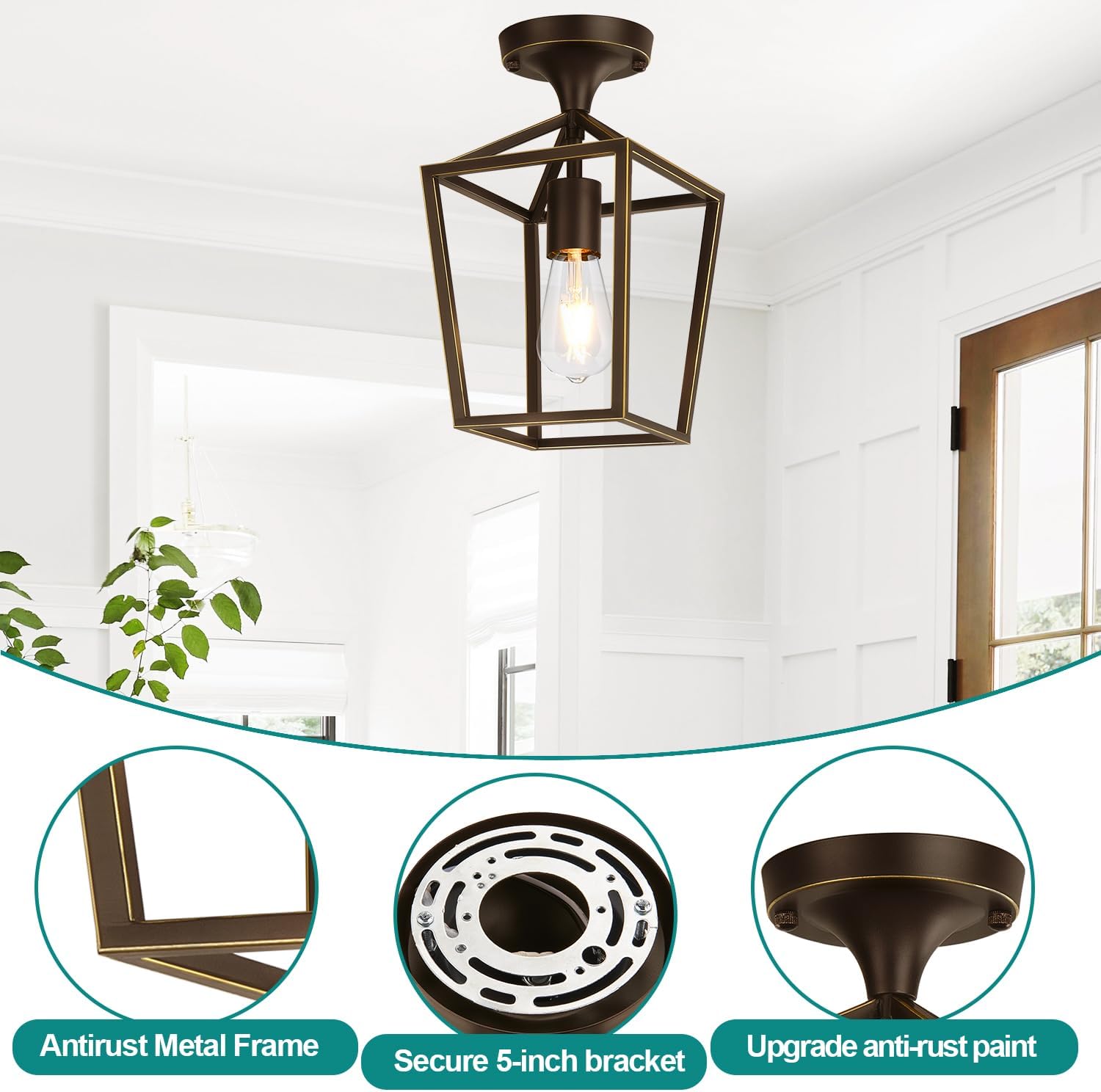 【Upgraded】Semi Flush Mount Ceiling Light,Brown Industrial Ceiling Light Fixtures, Farmhouse Light Fixture for Hallway Stairway Garage Living Room Dining Room Balcony（Not waterproof, Not for Outdoor）