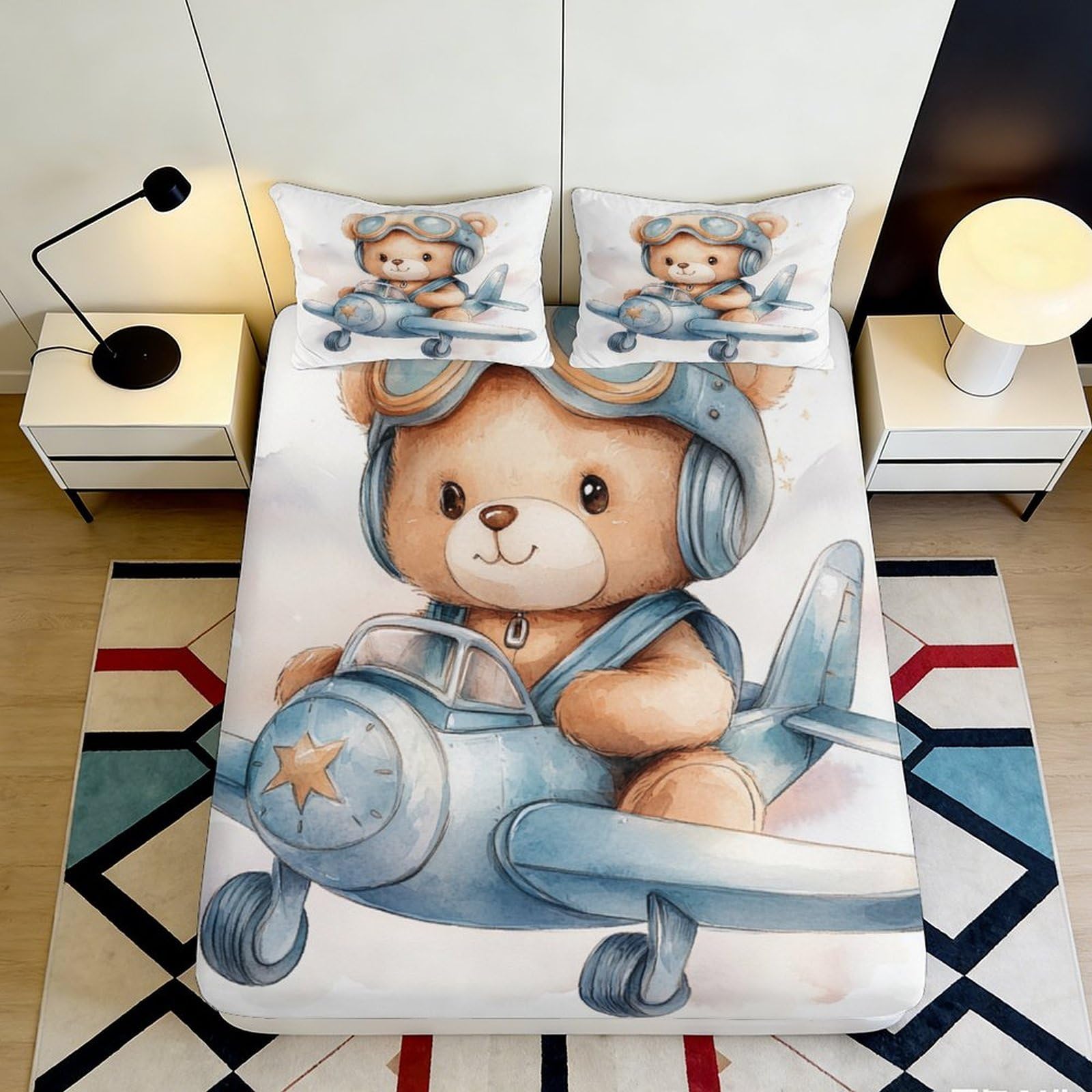 3D Printed Cute Bear Airplane Fitted Sheet Microfiber Soft Durable Cartoon Teddy Bear Mattress Cover for Bedroom Dormitory Guest Room Bed Protection 90x200x25cm