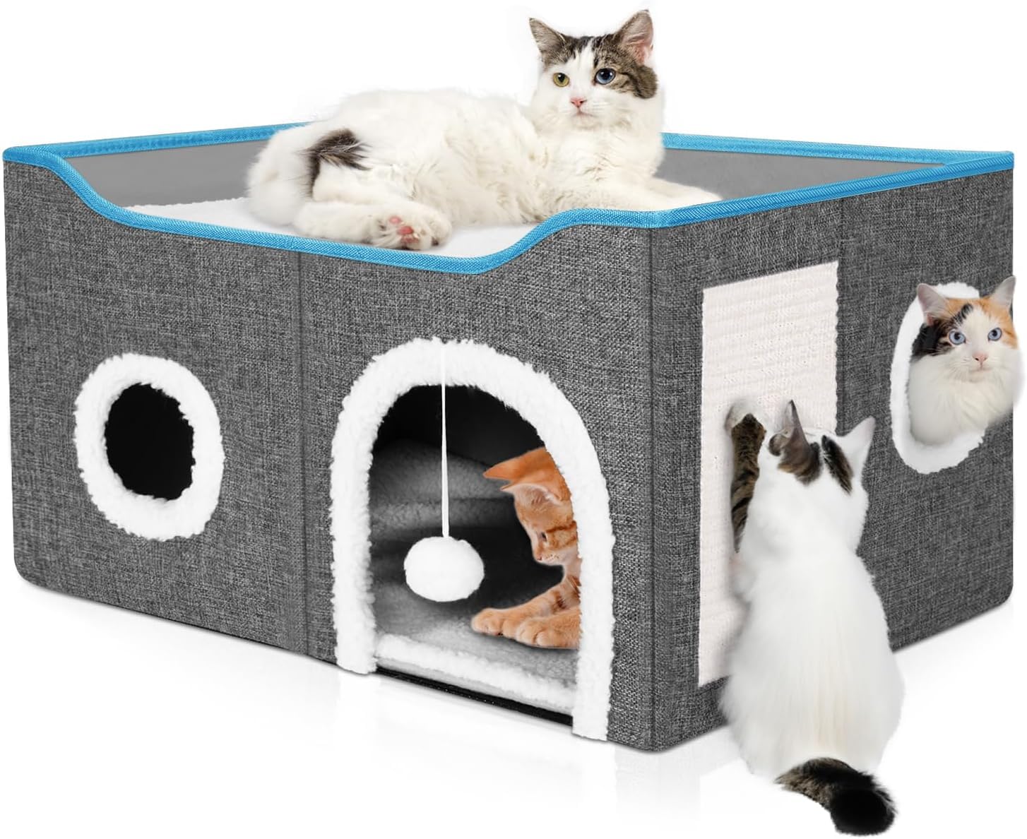 Cat Bed, Large Cat House for Indoor Cats Covered Cat Cave with Hideaway, Scratch Pad and Fluffy Ball, Foldable Cat Cube Condos Kitten Beds & Furniture for Multiple Small Pets(AW-02)-image-20