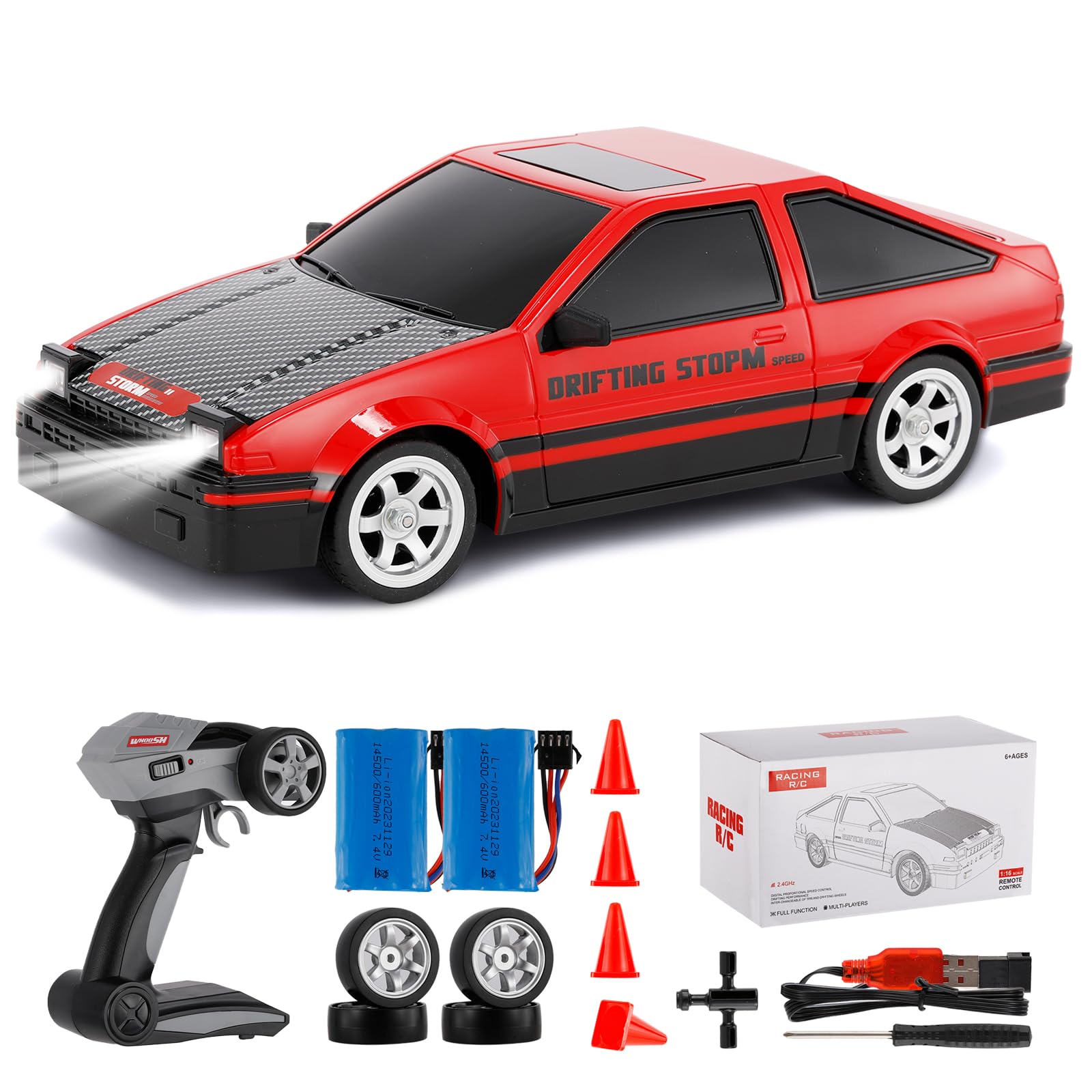 GoolRC Drift Car, 1:16 Scale 4WD RC Racing Car, 30KM/H High Speed with LED Lights, Drifting Tires and 2 Batteries for Kids and Adults (Red)