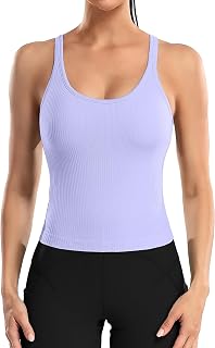 Women Ribbed Workout Crop Tops with Built in Bra Yoga Racerback Tank Top Tight Fit