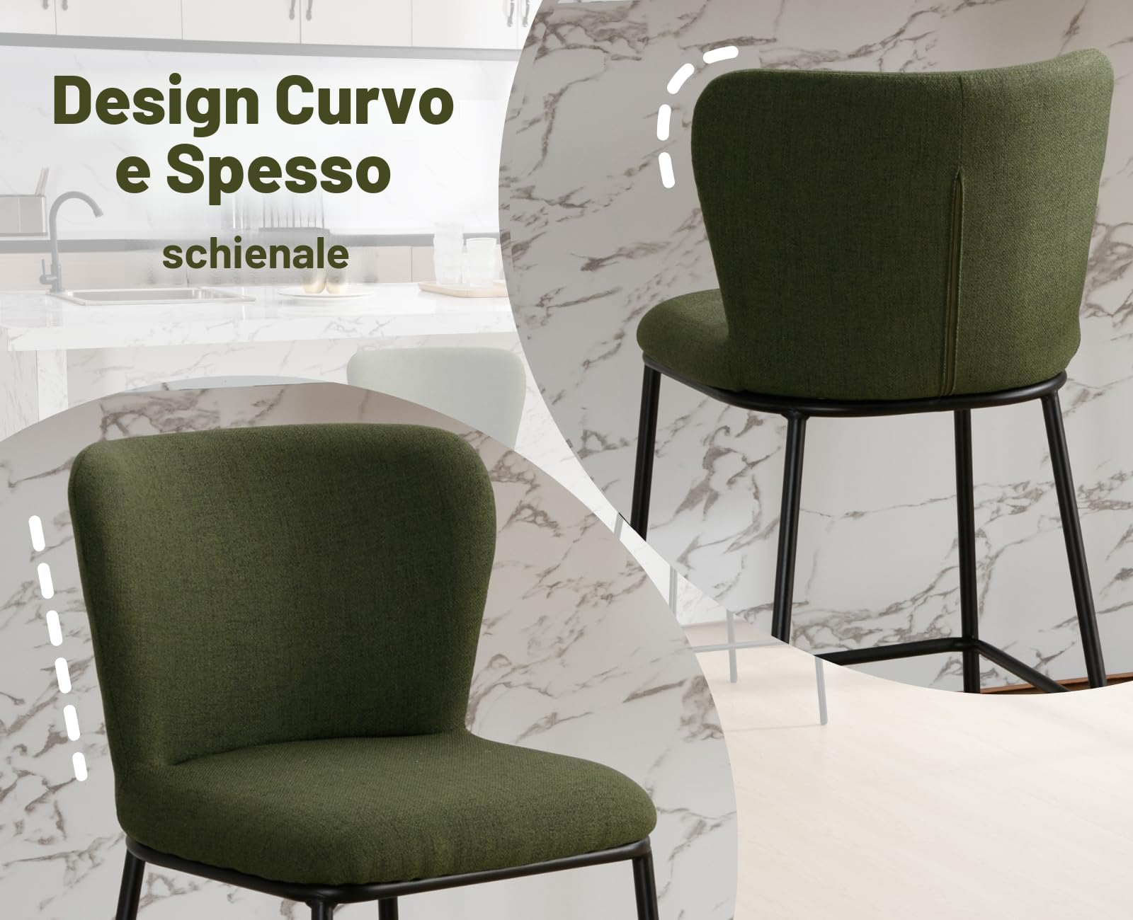 chairus Set di 2 Sgabelli da Bar in Tessuto di Lino Sgabelli Cucina Moderni Design con Schienale Sgabelli Imbottiti con Gambe in Metallo Sgabelli Alti per Penisola/Bar/Cucina, Verde