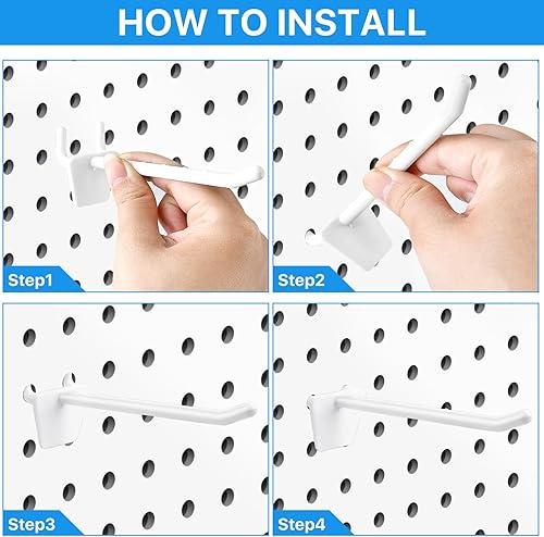 Miniatura 7 de Supkiir 100 ganchos de plástico para tablero de clavijas de 4 pulgadas, ganchos blancos adecuados para tableros de clavijas de 14 y 18, accesorios