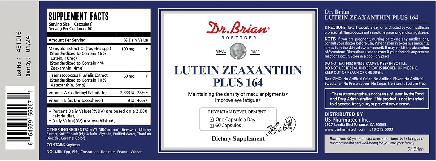 Dr. Brian Eye Vitamins Lutein & Zeaxanthin Capsule Lutein Supplement with Lutein 16mg Zeaxanthin 4mg Astaxanthin 5mg Vitamin A 2333iu Vitamin E 9iu for Dry Eyes Vision Health