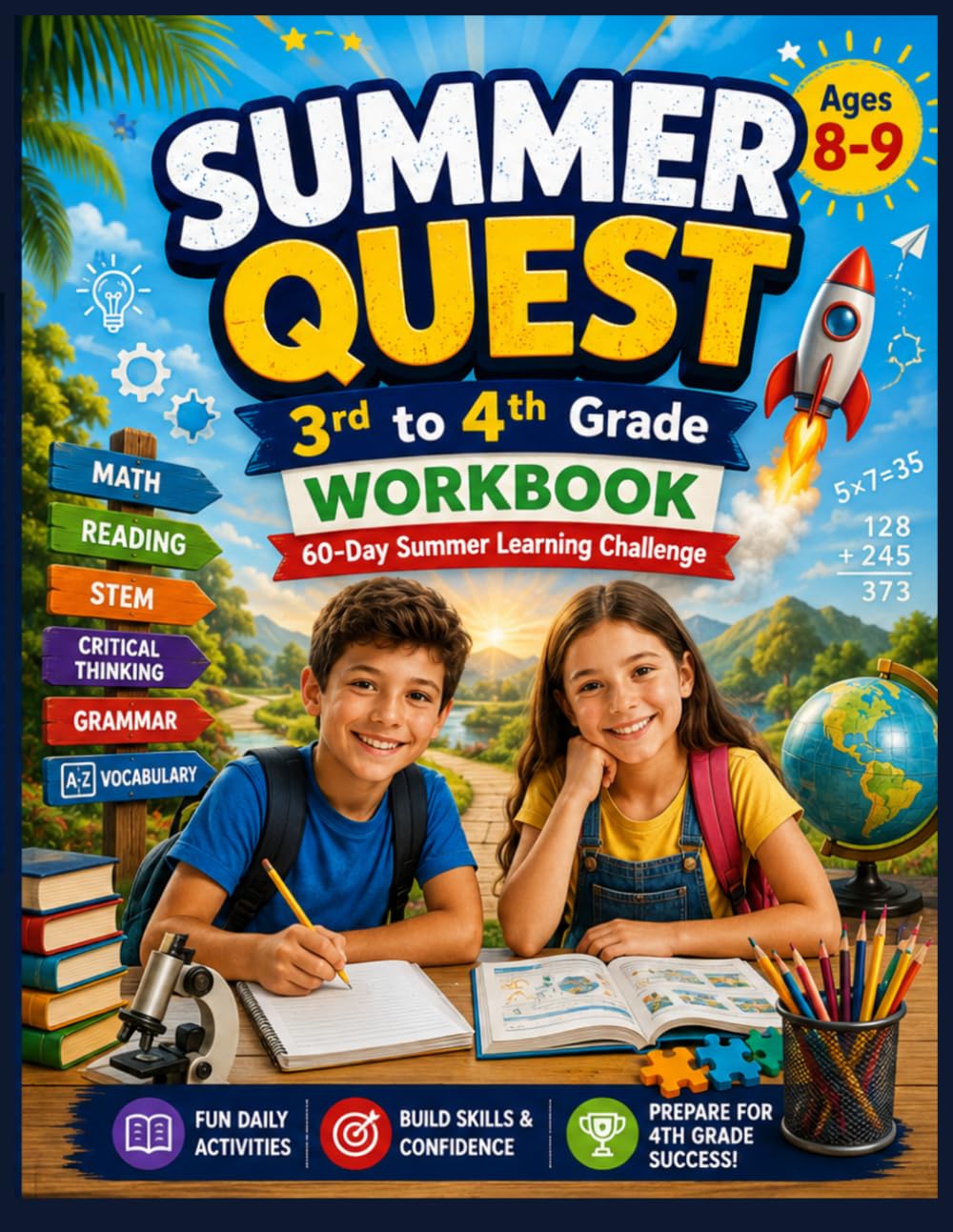 Summer Quest: 3rd to 4th Grade Workbook: 60-Day Summer Learning Challenge with Math, Reading, Grammar, STEM, Vocabulary & Critical Thinking (Summer Quest Daily Bridge Adventure Series)