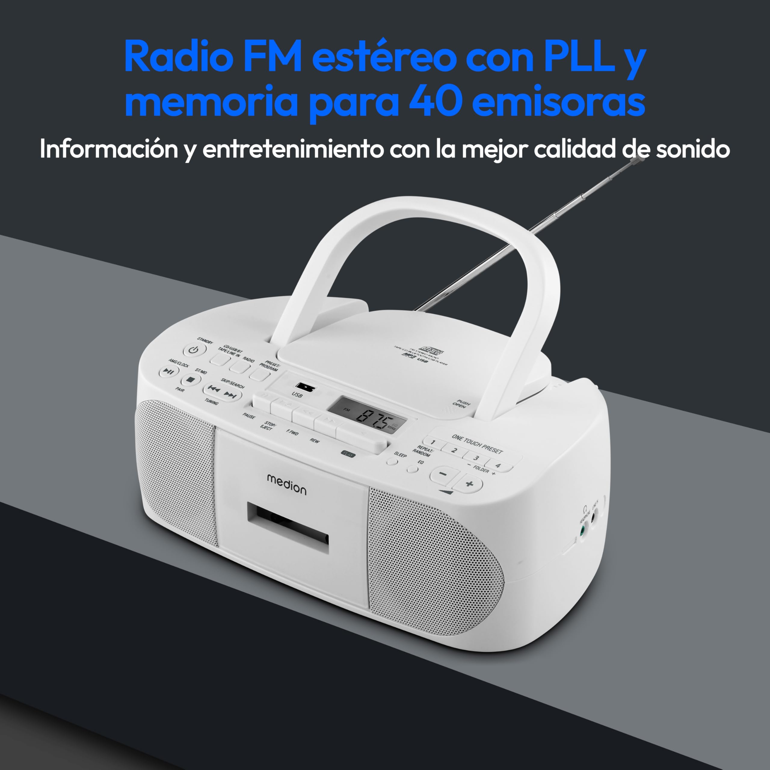 MEDION E65010 Radio estéreo (Reproductor de CD, Casete, conexión USB, Entrada de Audio AUX, reproducción de MP3, Radio FM PLL, Memoria de 40 emisoras, Funcionamiento con Pilas
