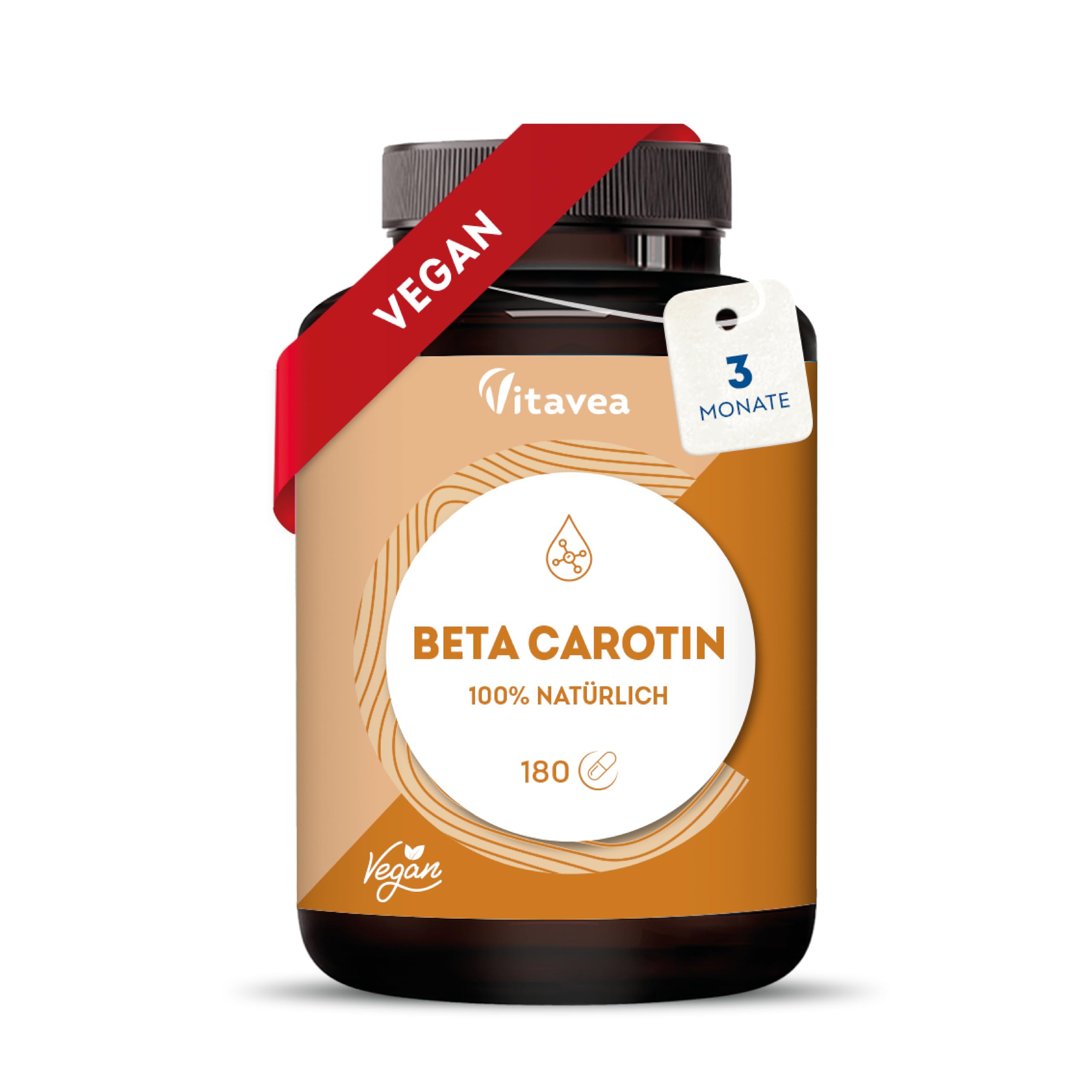 Beta Carotin Kapseln Hochdosiert & Vegan – Vorstufe von Vitamin A - Strahlende & Langanhaltende Bräune - Carotin Kapseln Hochdosiert Bräune – 100% Natürlich - Ohne Zusatzstoffe - 180 Kapseln – Vitavea