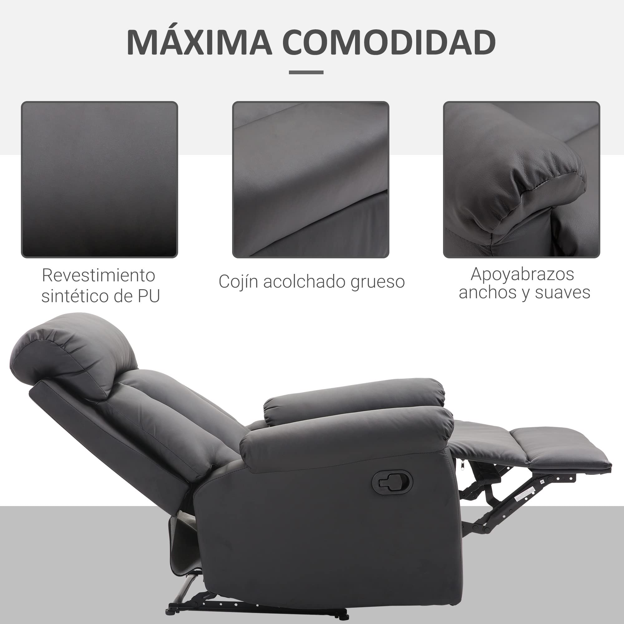 HOMCOM Sillón Relax Reclinable Tapizado en PU Butaca de Salón con Reposapiés Retráctil Respaldo Alto Resposabrazos y Asiento Acolchados Grueso 80x97x107 cm Negro