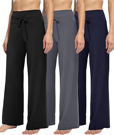 TNNZEET 3 Pack Women's Wide Leg Pants with Pockets - Casual Loose Yoga Trouser Pants Sweatpants Palazzo Lounge Pajama Pants