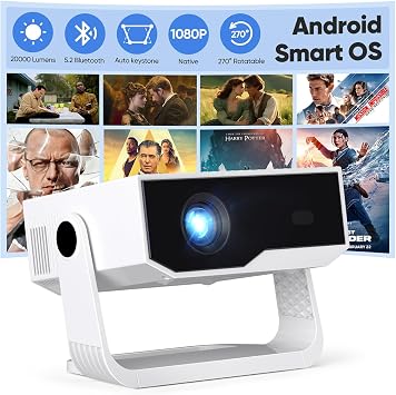 Mini Smart Projector 2026 New Android TV, Native 1080P 4K Supported Wifi Projector 270ANSI Built-in-Apps with Auto Keystone, 270° Stand Portable Movie Projector for Home Bedroom, iOS/Switch/PS5