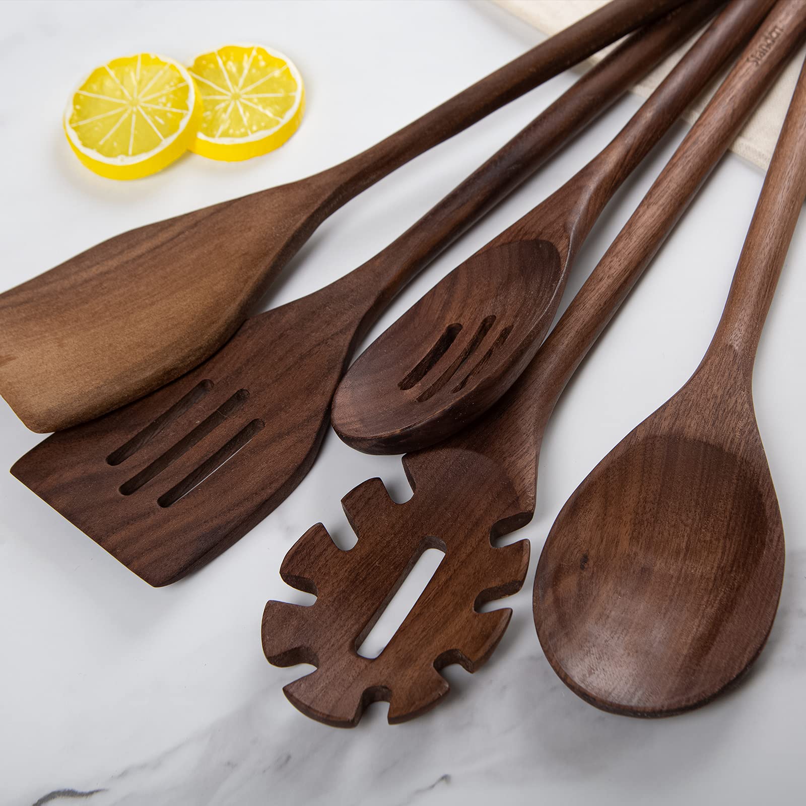 Standcn Küchenutensilien-Set aus Holz, 6 Stück, schwarzes Walnussholz, Löffel und Spatel, Set zum Kochen, hitzebeständig, antihaftbeschichtet