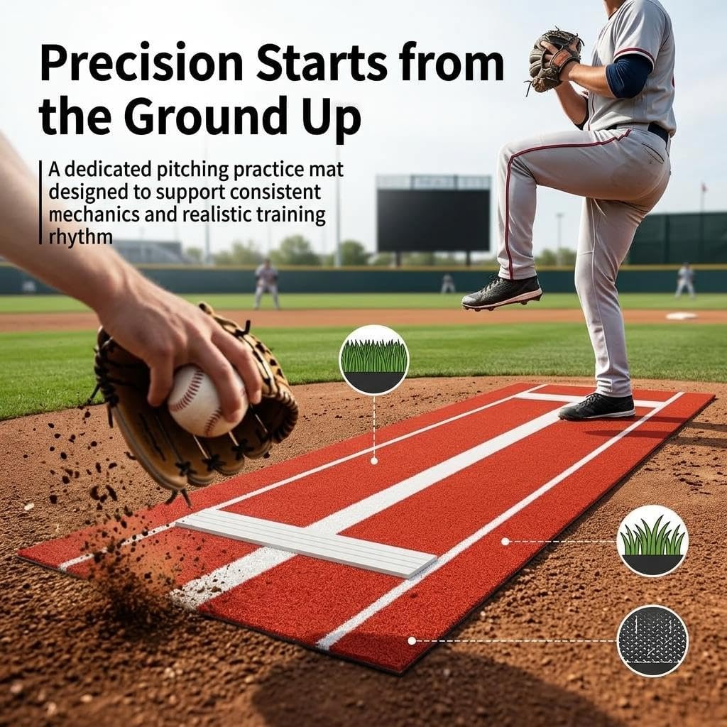 Softball Pitching Mat, Baseball Pitching Alignment Mat, Portable Baseball Training Mat for Indoor Batting Cages and Outdoor Baseball Fields, Anti-Slip Baseball Mat with Baseball Pitching Rubber