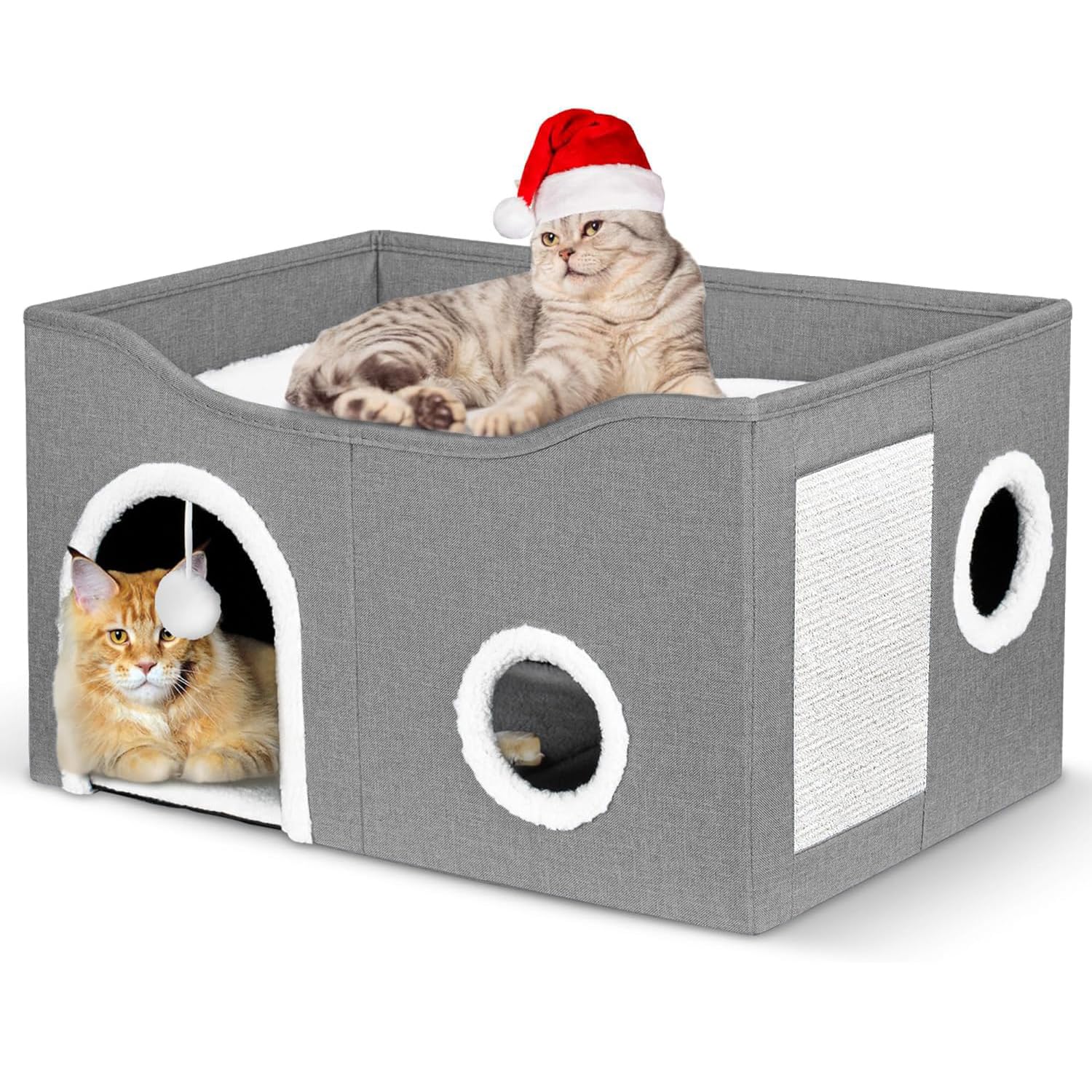 JoyzzzMultifunction Cat House, Large Cat Bed Cave with Fluffy Ball and Scratch Pad, Cat House for Indoor Cats, Foldable Cat Houses Condos, Cat Cubes, Covered Cat Bed for Multi Small Pet Kitty